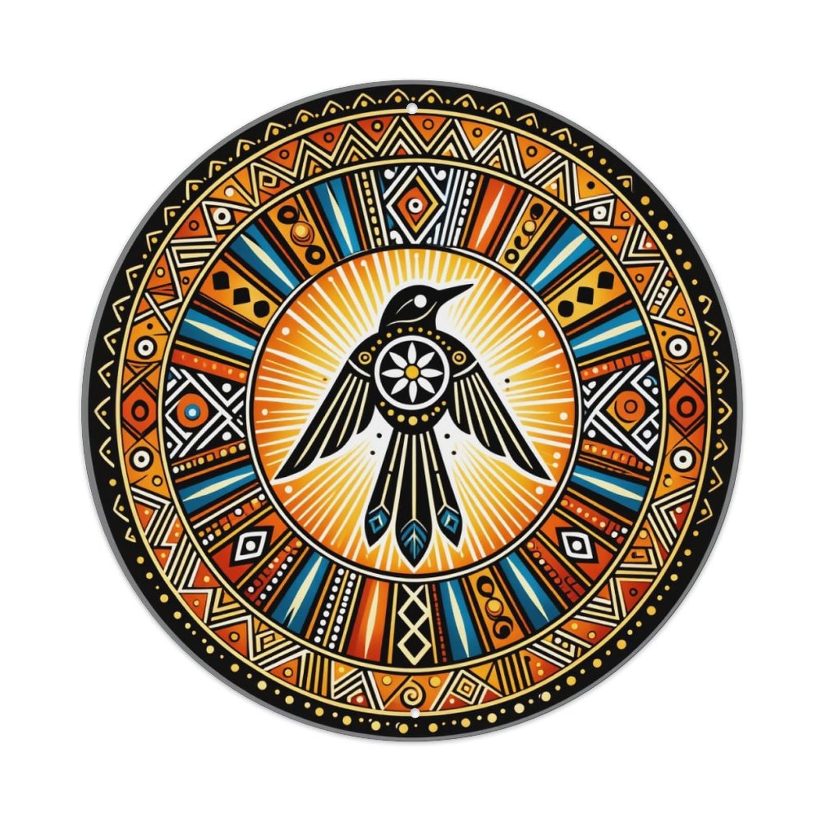 Circular Tribal Bird Sunburst Pattern Round Tin Sign Vintage Metal Poster, Home Bar Garage Man Cave Cafe Indoor & Outdoor Wall Decoration 8x8Inches