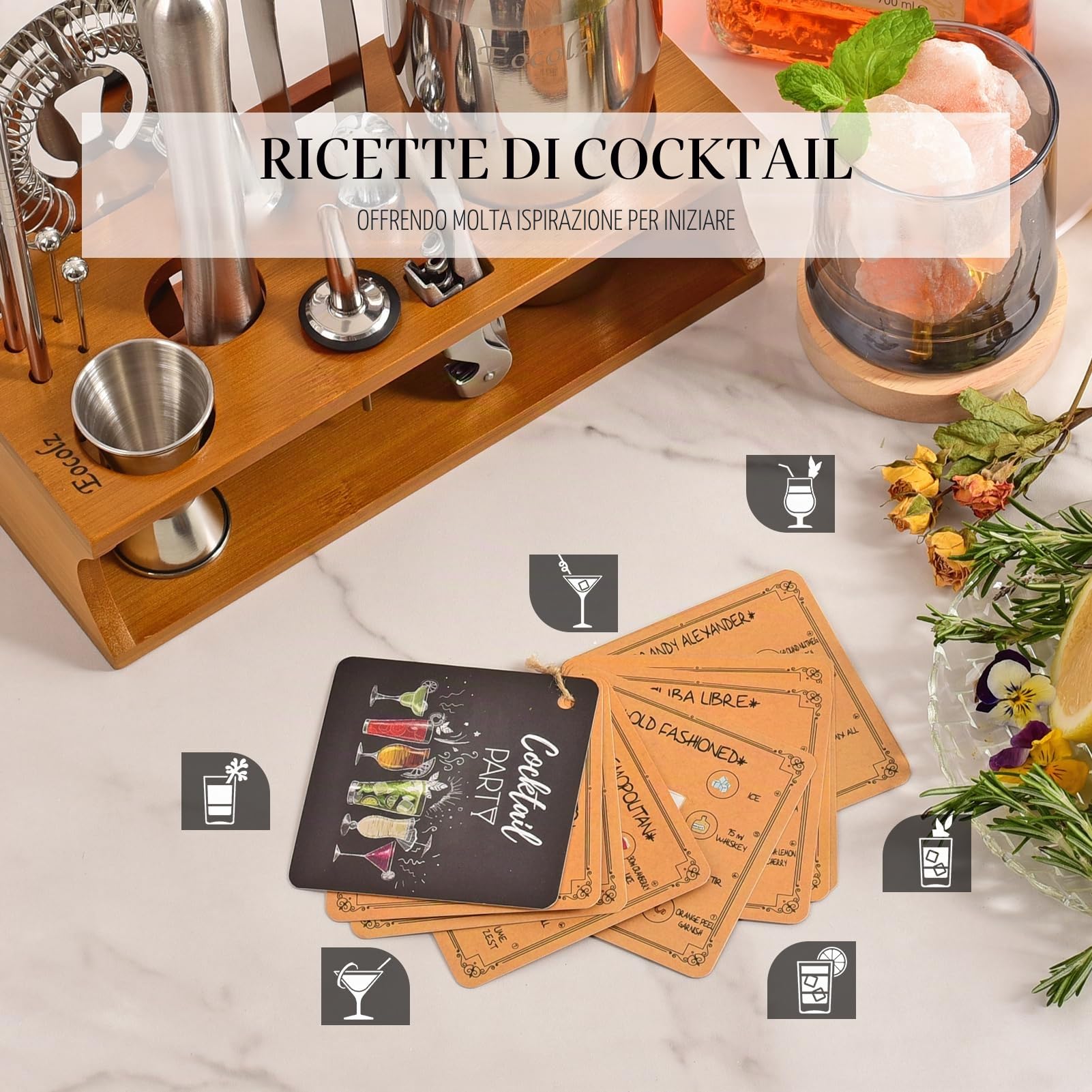 Set per la preparazione di cocktail, shaker da 750 ml, in acciaio inossidabile, kit da barista con espositore in bambù, per casa e bar (crostini argentati, 17 pezzi)