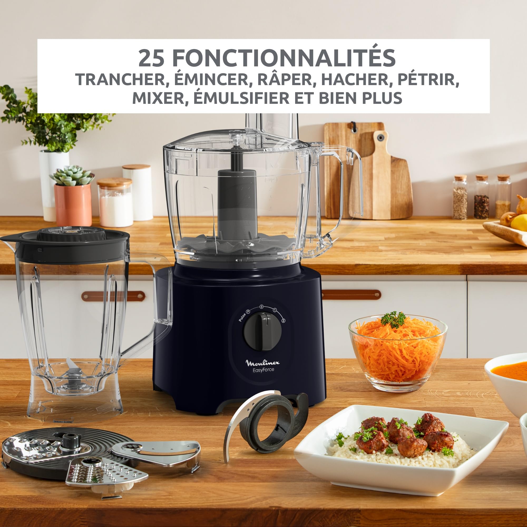Moulinex Easy Force, Robot Cuisine Multifonction Compact 3L, 800W, 2 Vitesses + Pulse, 25 fonctions, 6 accessoires, Blender, Râpes, Bleu, FP247810