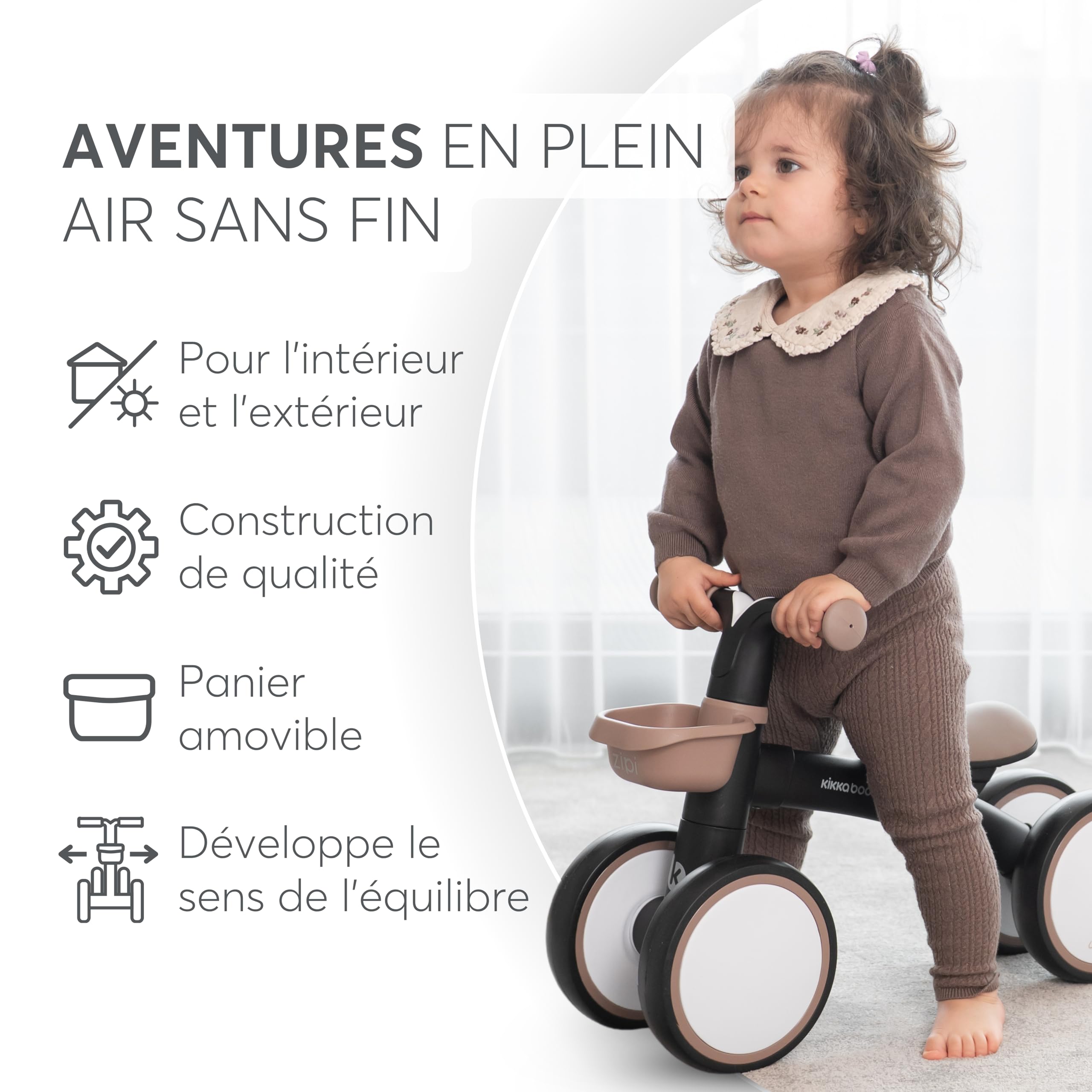 KikkaBoo Vélo sans pédales ZIPI, vélo d'équilibre bébé 1-3 Ans avec Panier réglable