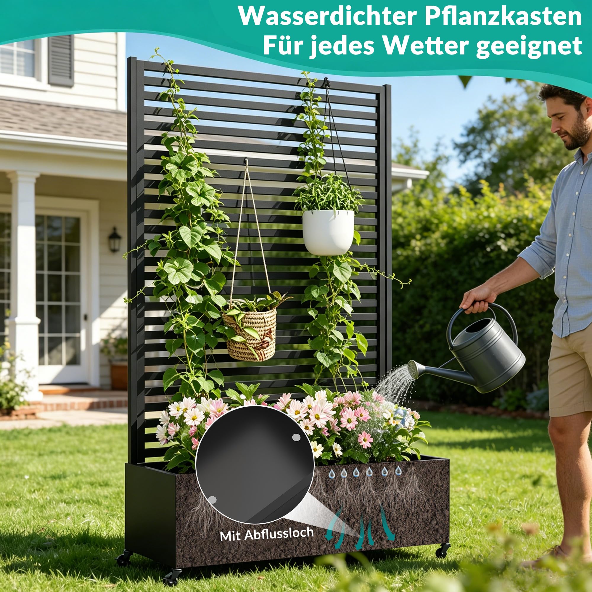 Pflanzkasten aus Metall für den Außenbereich mit Spalier, Hochbeet aus Metall mit Rad, freistehender Sichtschutz-Pflanzkasten für Blumen, Gemüse im Garten, auf der Terrasse, auf dem Balkon