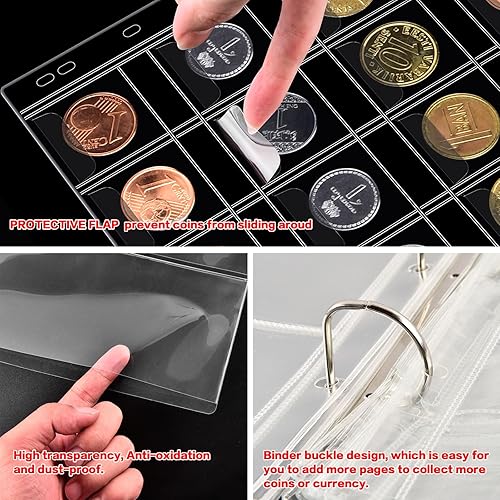 Vista 19 de 12 hojas de páginas de colección de monedas, página de bolsillo para monedas con 240 bolsillos, fundas para carpetas de monedas con 9 agujeros