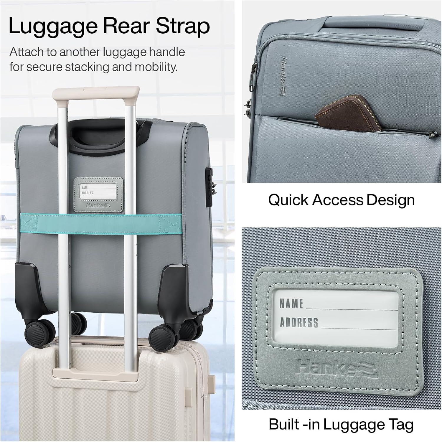 Hanke 16 Inch Underseat Carry On Luggage with Spinner Wheels for Airline, Small Softside TSA Approved Luggage Lightweight Rolling Suitcases Under Seat Travel Carry-On Bag(Grey) - Image 7