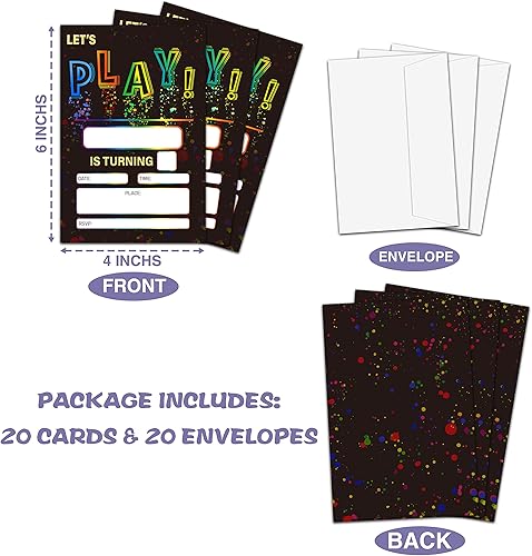Miniatura 2 de Let's Play Invitación de fiesta de cumpleaños, invitaciones de relleno de tinta Splash para hombres y mujeres, 20 invitaciones con sobres (4 x 6