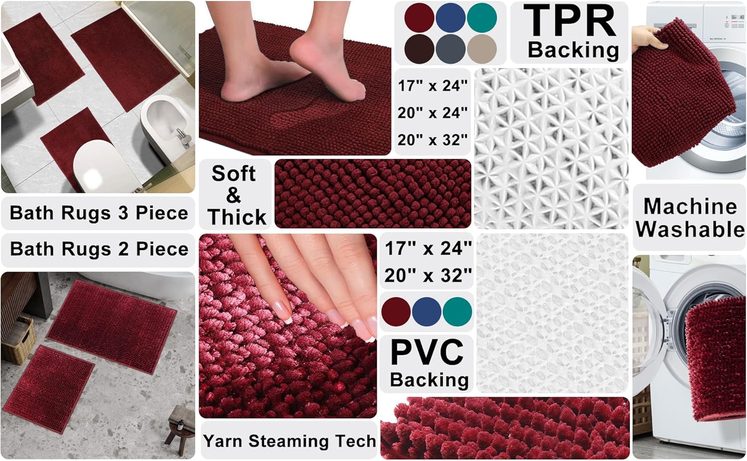 Urvoix Bathroom Rugs Set - 3 Pieces Ultra Soft Non-Slip Bath Mats, Chenille Absorbent Bath Rugs for Bathroom, Tub and Shower (Burgundy) - Image 8