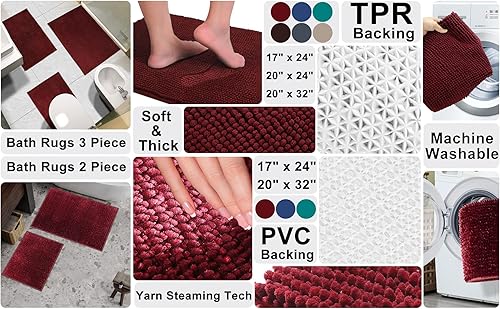 Miniatura 22 de Urvoix Juego de 3 alfombras de baño de felpilla antideslizante, ultra suave y súper absorbente, para baño, inodoro y bañera (verde azulado) Verde