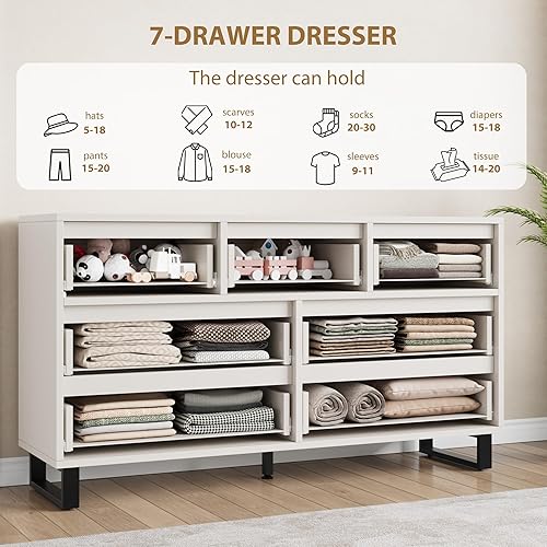 Vista 6 de GarveeHome Cómoda 7 para dormitorio, cómoda de 55 pulgadas de ancho, cajón horizontal independiente con almacenamiento, almacenamiento de madera
