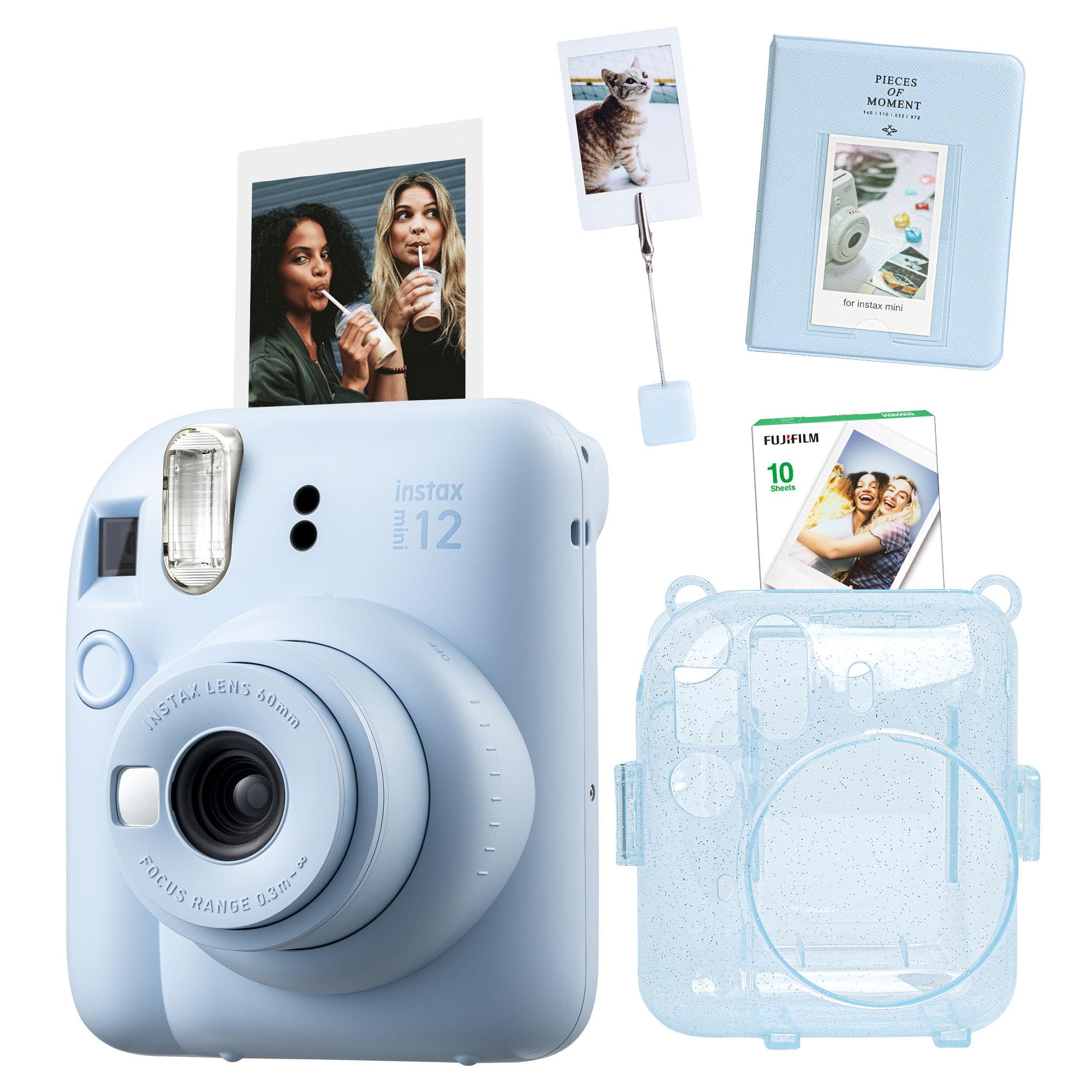 Instax mini 12 Fotoğraf Makinesi-10'lu Film-Kıskaçlı Stand-PVC Albüm ve Simli Pleksi Kılıf Seti (Mavi)