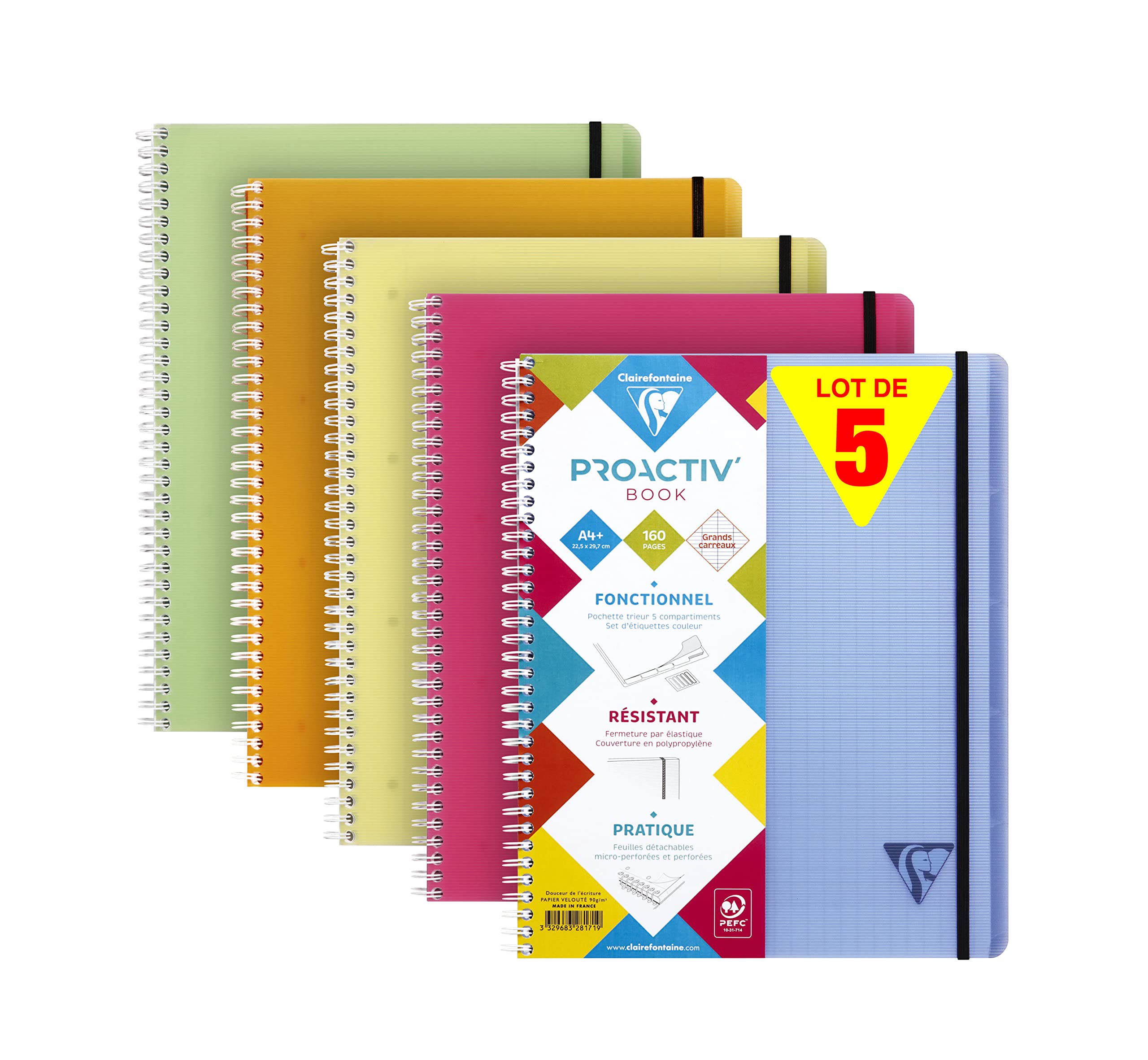Clairefontaine 328171C - Lot 5 Proactiv'Book Spirale A4+ 160p GC Perforé 4T