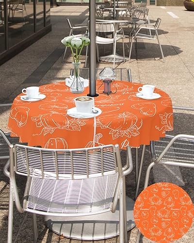 Miniatura 5 de Mantel redondo de calabaza naranja para exteriores con agujero para sombrilla de 54 pulgadas, sin arrugas, lavable, cubierta impermeable con