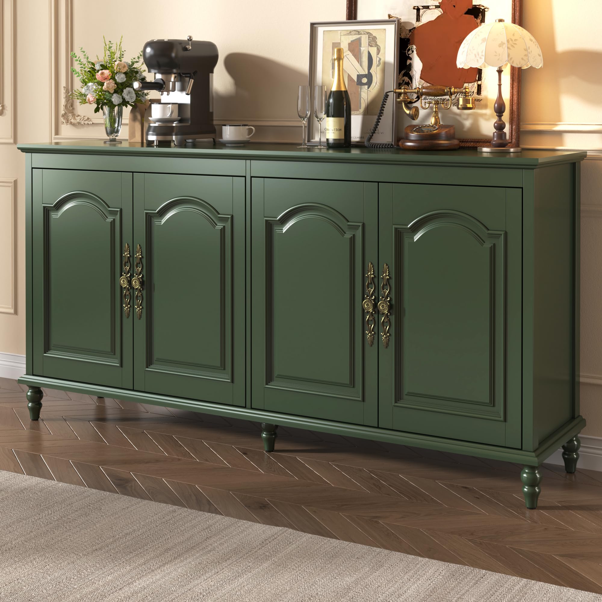 Green Farmhouse Sideboard with Wood Carving