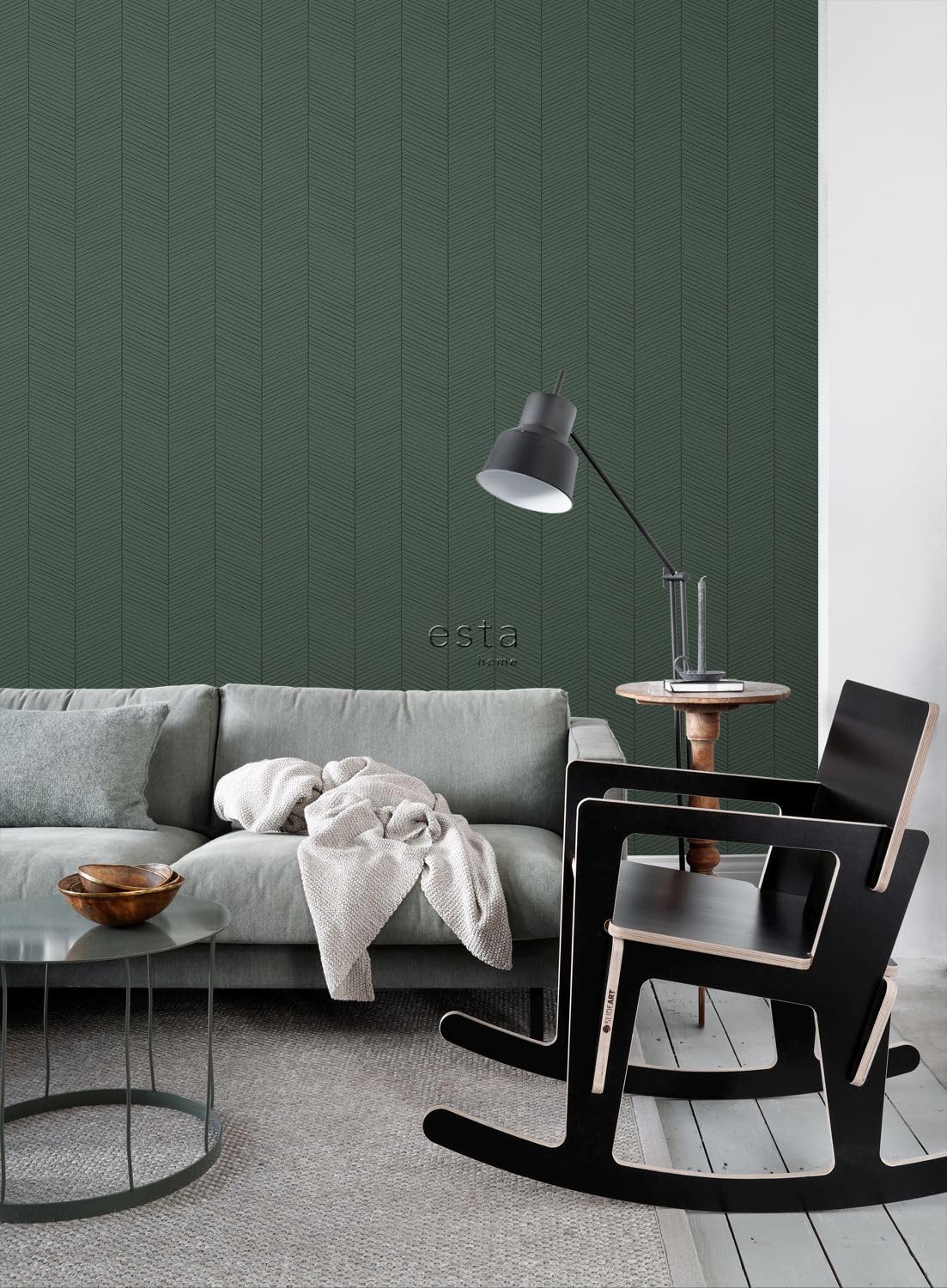 papier peint motif chevron vert et noir 53 cm x 10.05 m - ESTAhome
