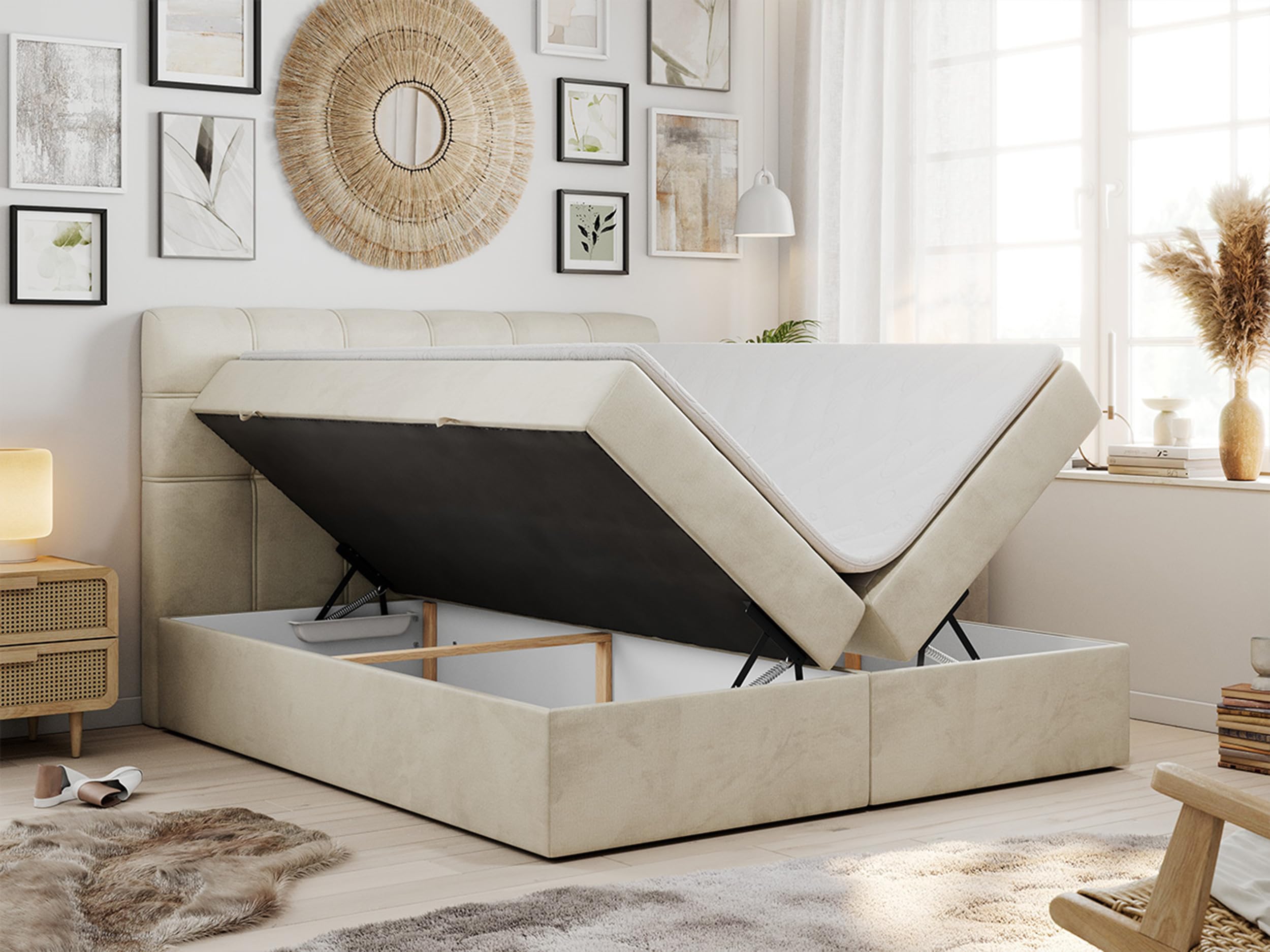 MKS MEBLE Boxspringbett 180x200 mit Matratze, Bett mit Multipocket - Matratze H3 und Topper, Polsterbett 180x200 mit Bettkasten und Kopfteil, Fast - Beige Monolith