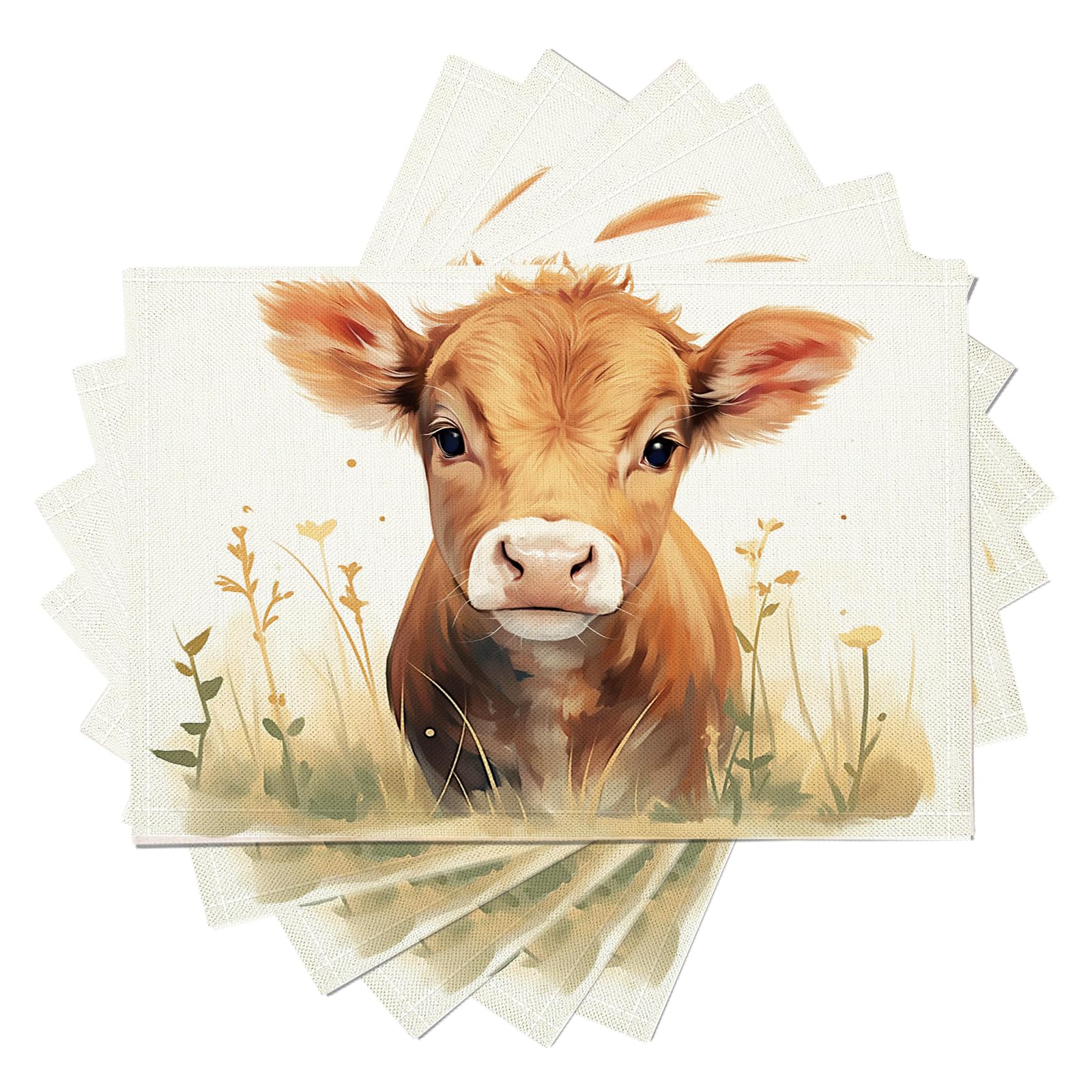 Pack de 8 Table Dessin animé en Coton et Lin, Set de décoration de Table 30×45cm pour événements, Mariage, Anniversaire, dîner, café, Cuisine, (Veau des prairies)
