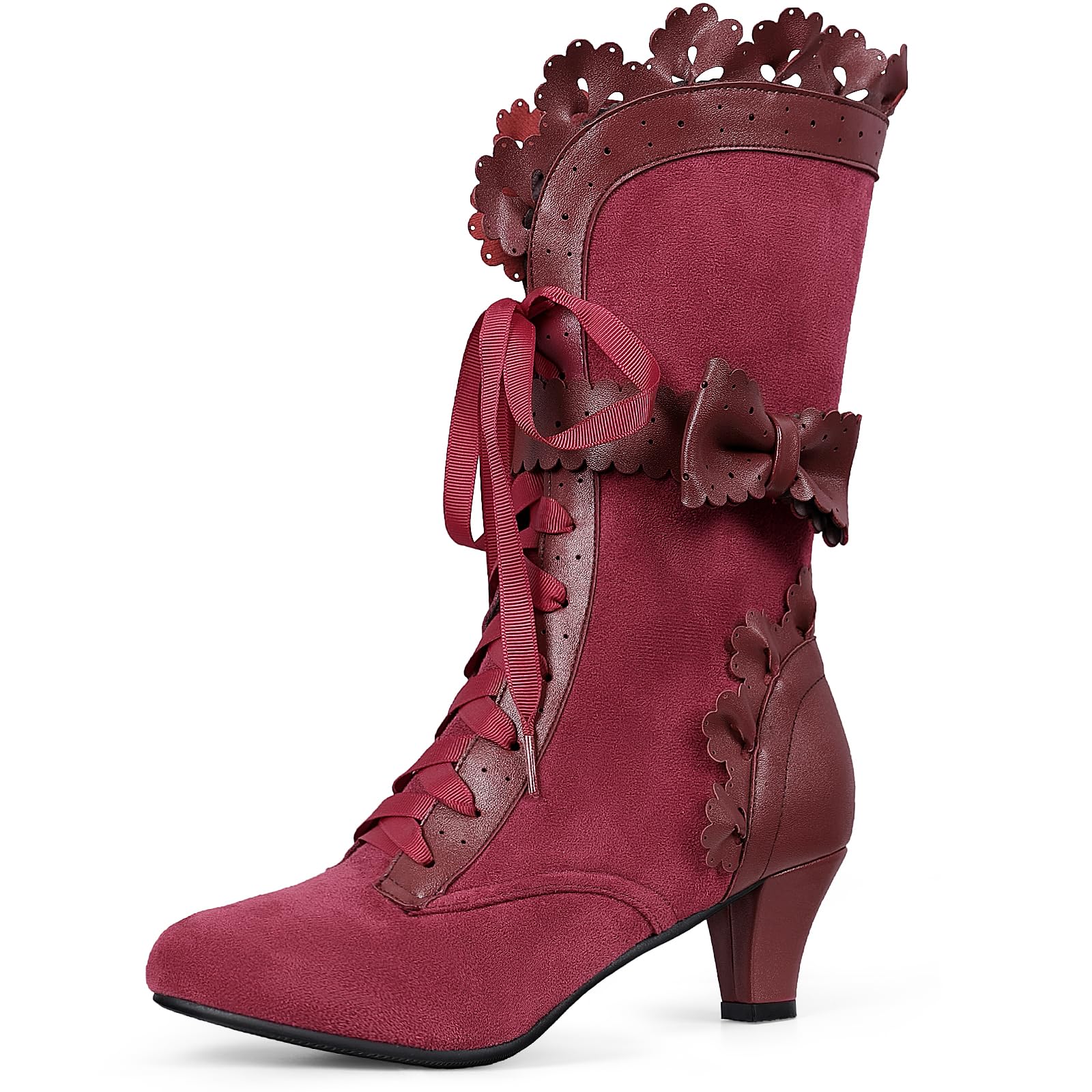 LanreyTaley Women Sweet Bow Boots Mid Heels Lace Up Victorian boots Mid Calf Kawaii Boot