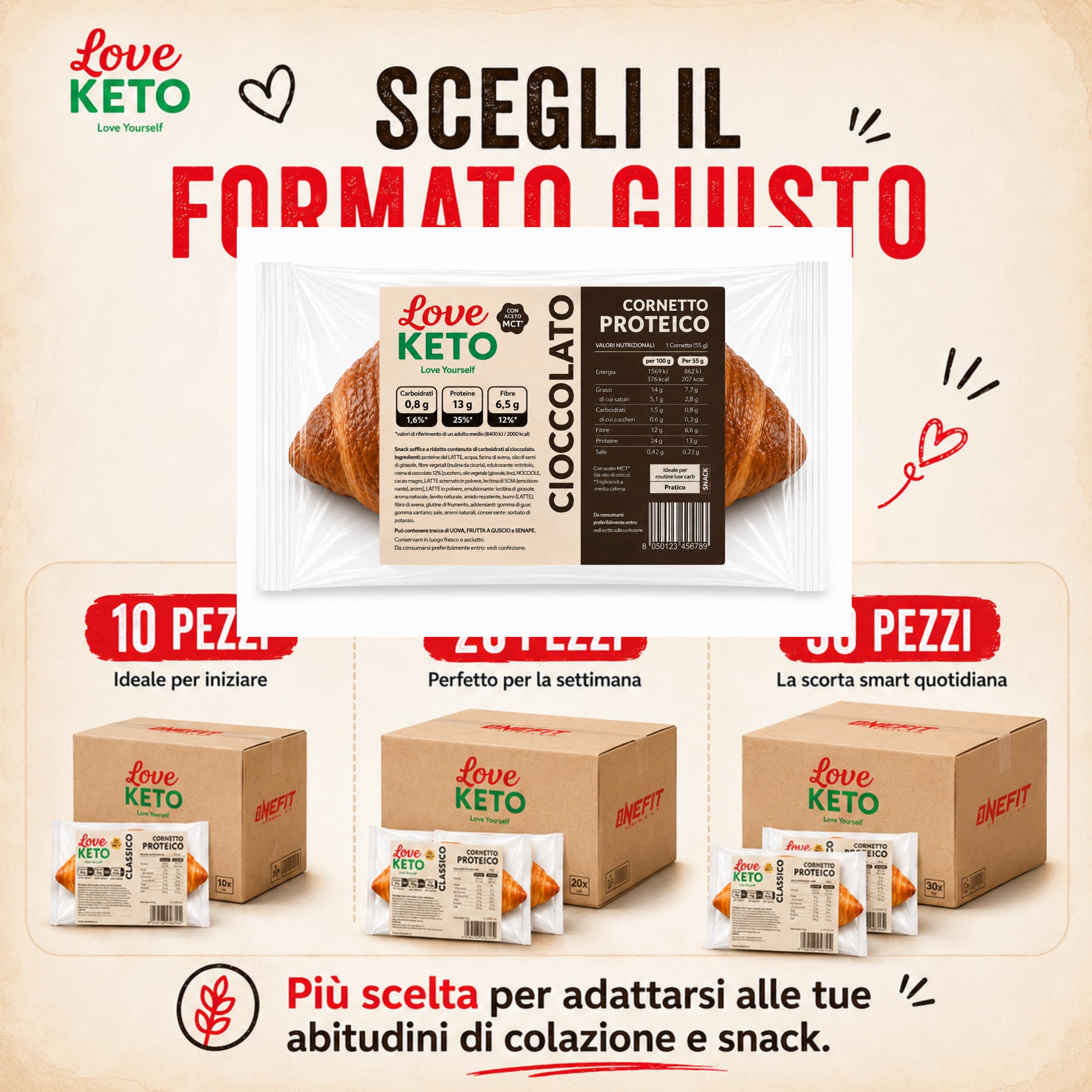Cornetti proteici low carb ripieni al cioccolato 20 confezioni da 50gr - Made in Italy