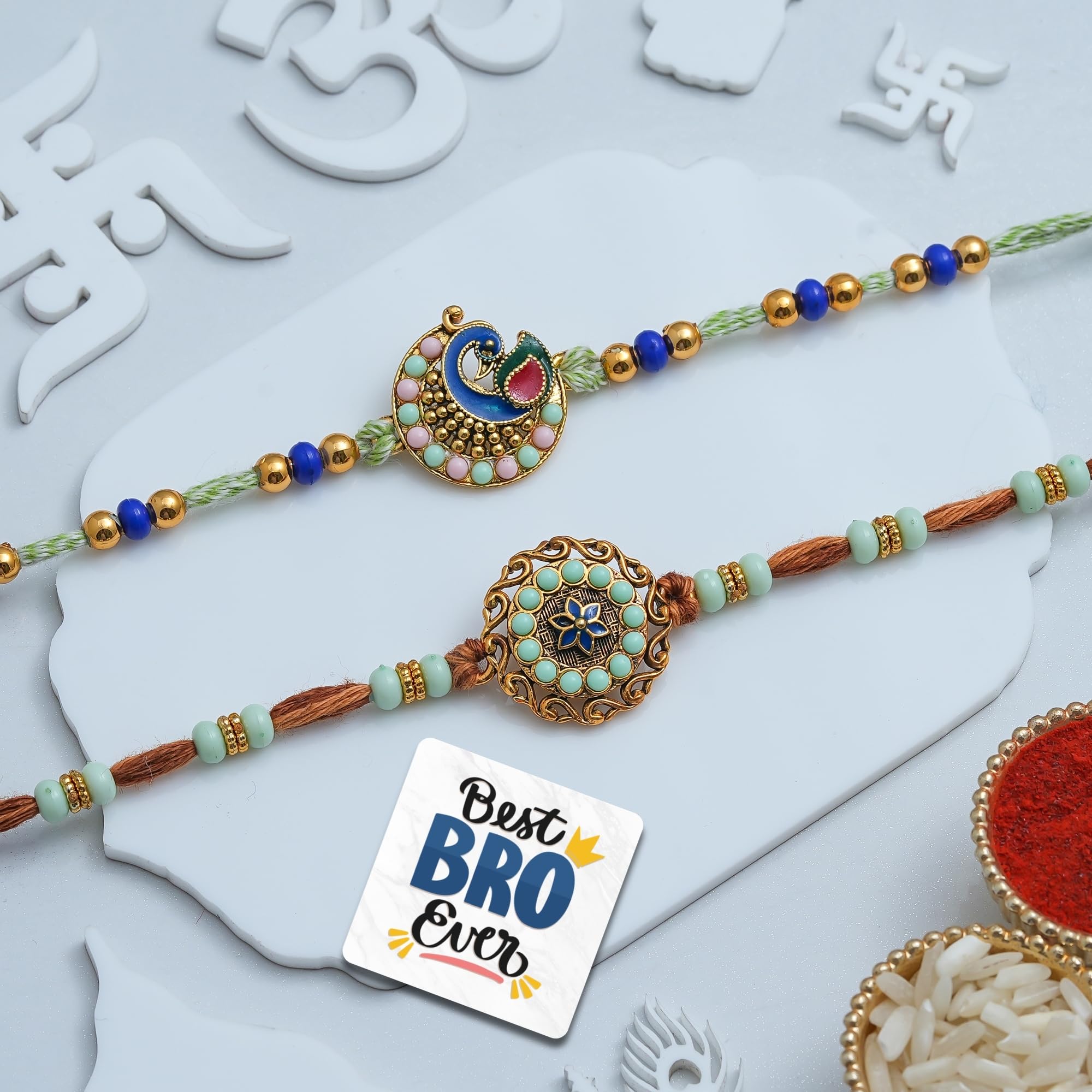 eCraftIndia Beautiful Floral Peacock Designer Rakhi Set of 2 | Rakhi for Brother Bhaiya Bhai with Best Bro Ever Fridge Magnet | Roli Chawal Pack-picture-32