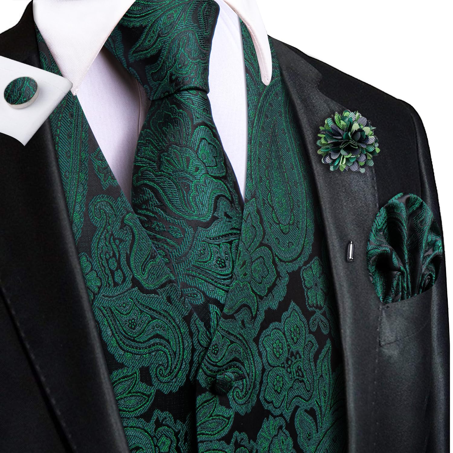 Hi-Tie Gilet da uomo con motivo cachemire formale, in seta, per matrimoni, cravatta, fazzoletto quadrato, set per feste aziendali
