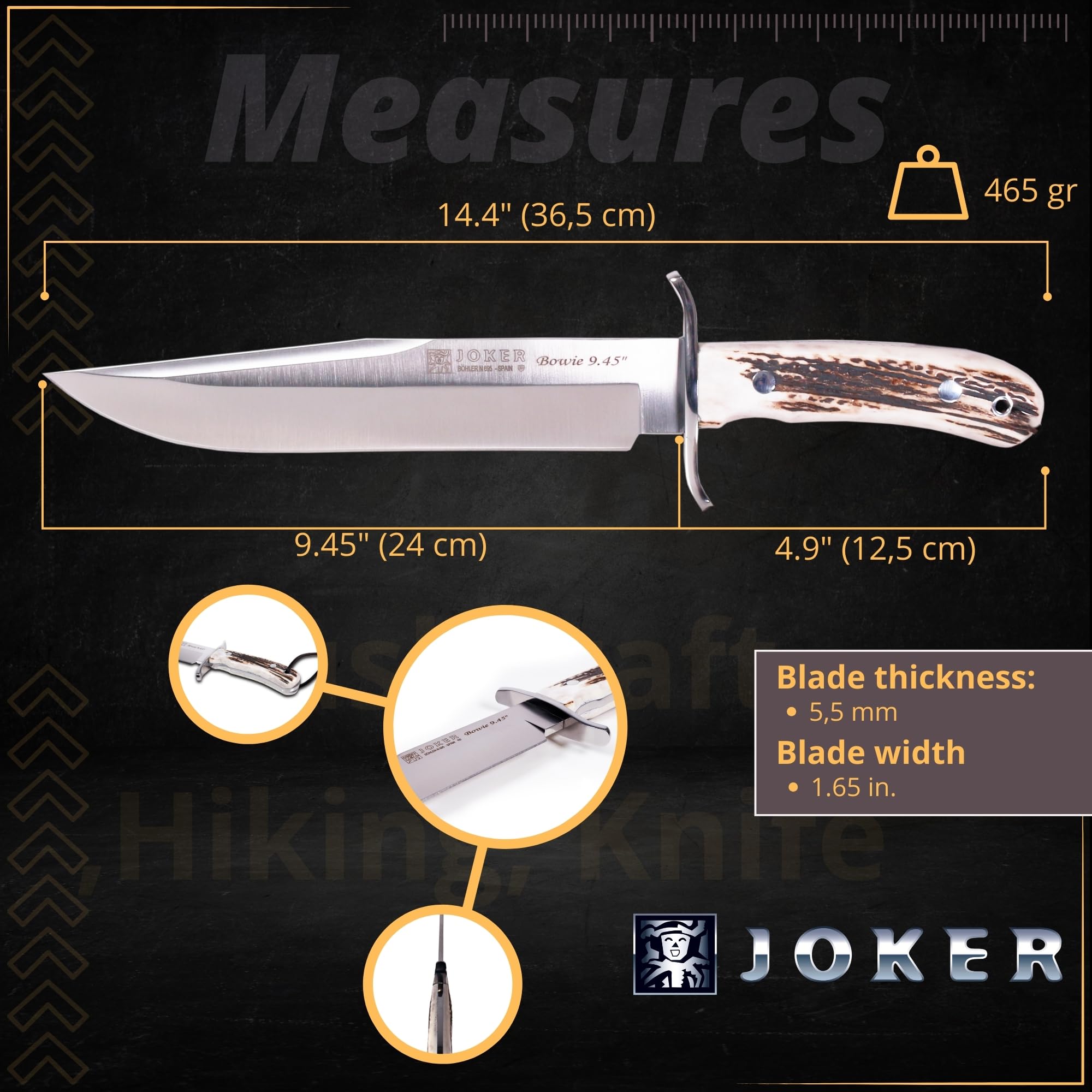 Joker Bowie Jagdmesser 9,45” CC139 mit Edelstahl-Schutz, Hirschhorngriffen, gerader Klinge von 23,5 cm, 554 gr, brauner Lederscheide, Werkzeug zum Angeln, Jagen, Campen und Wandern