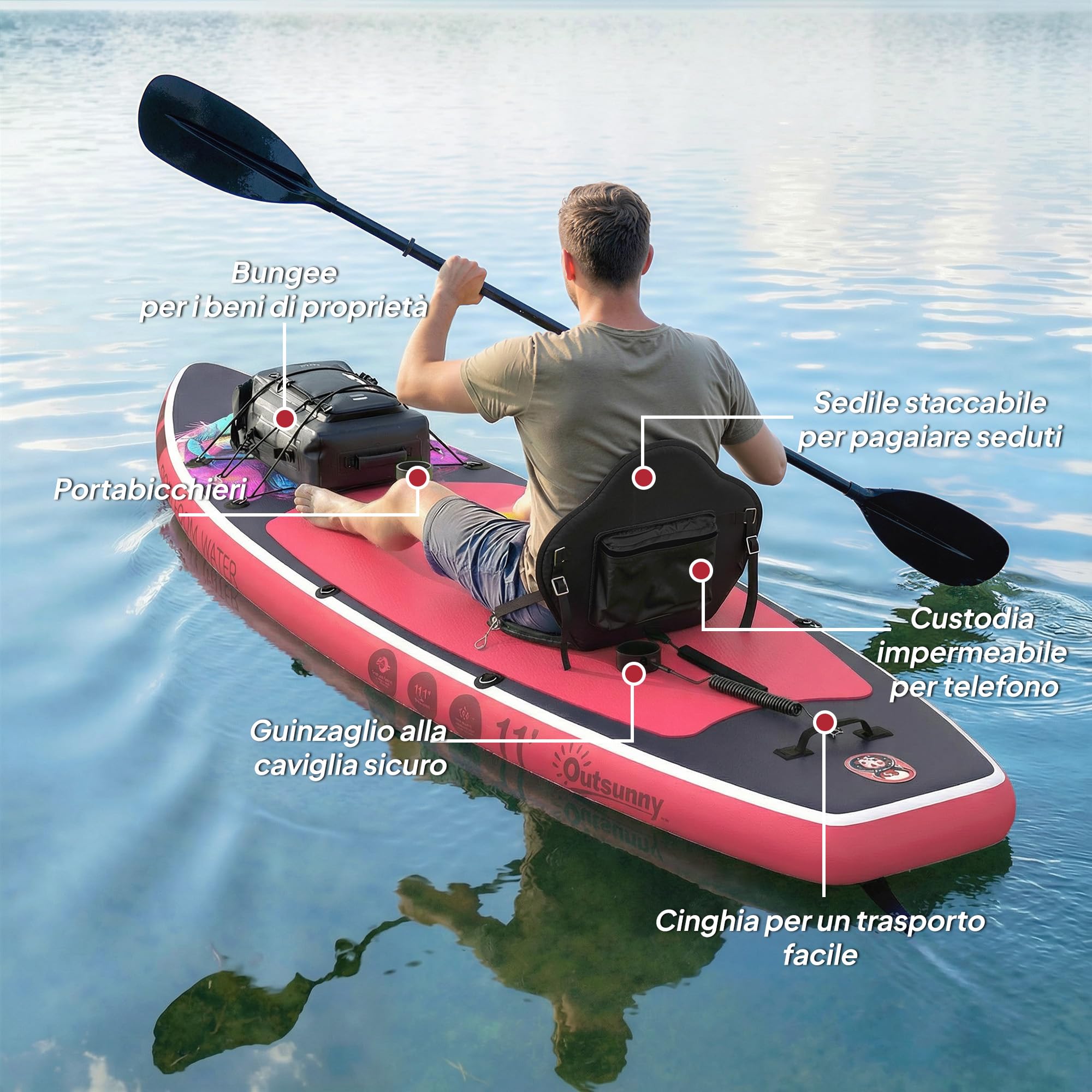 Outsunny Tavola Sup Gonfiabile Adulti, 335 cm Extra-Lunga Stand Up Paddle Board con Sedile, Pagaia Convertibile, Ponte Antiscivolo, Zaino, Pompa, 3 Pinne, Custodia Telefono Impermeabile, Carico 180kg