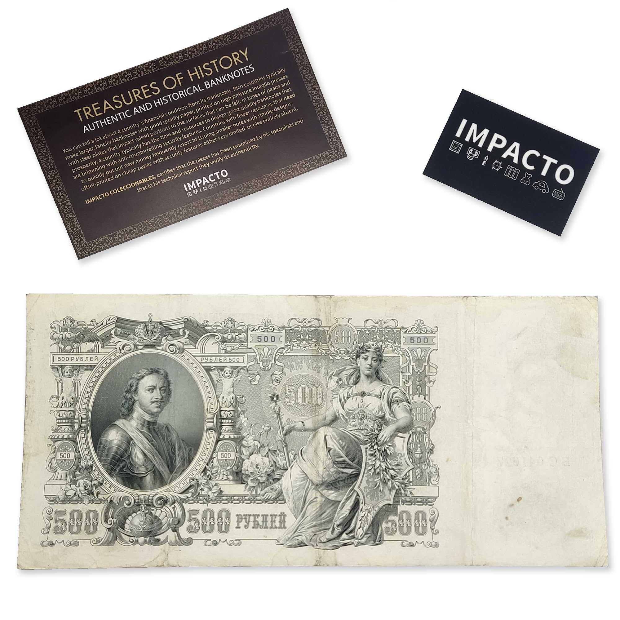 IMPACTO COLECCIONABLES | Billete Antiguo de Rusia - 500 Rublos (1912) | El Billete Más Grande de la Historia Rusa con la Imagen de Pedro el Grande (27,5 x 19 cm) | Incluye Certificado de Autenticidad