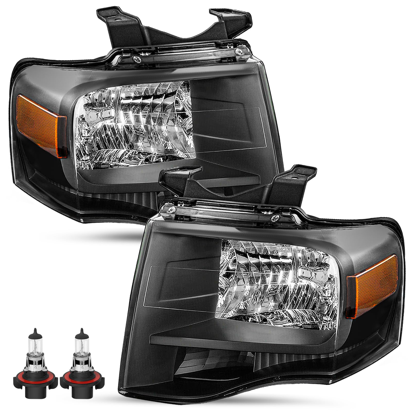 SOCKIR Headlight Assembly with Bulbs Included Fit for 2007-2014 Ford Expedition Passenger & Driver Side (Black Housing with Amber Reflector)