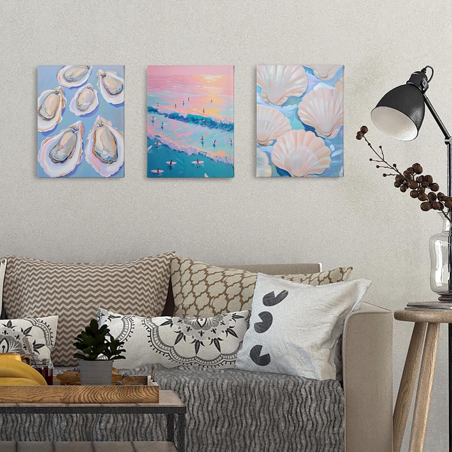 PHAMTE Blue Pink Coastal Oyster Shell Beach Wall Art Decor Canvas Set of 3, Preppy Summer Sea Ocean Pictures Wall Decor for Girly Room Dorm Beach House Home, Trendy Framed Artwork for Walls 11x14in