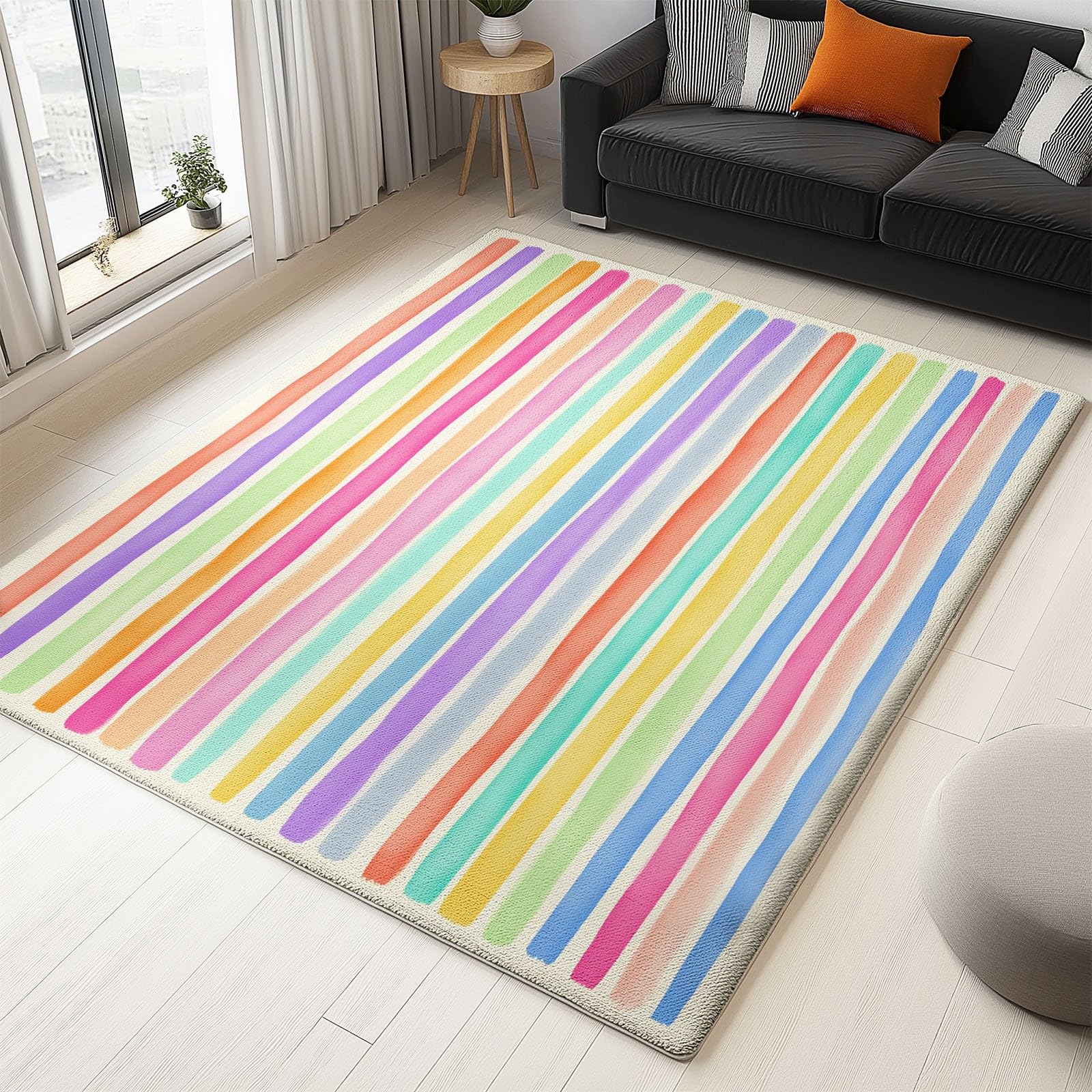 Generisch Teppich Kurzflor Design - Weicher Teppich Waschbar rutschfest für Wohnzimmer Schlafzimmer Kinderzimmer Büro Esszimmer Cartoon Bunt Gestreift - 100 x 150 cm - Mehrfarbig