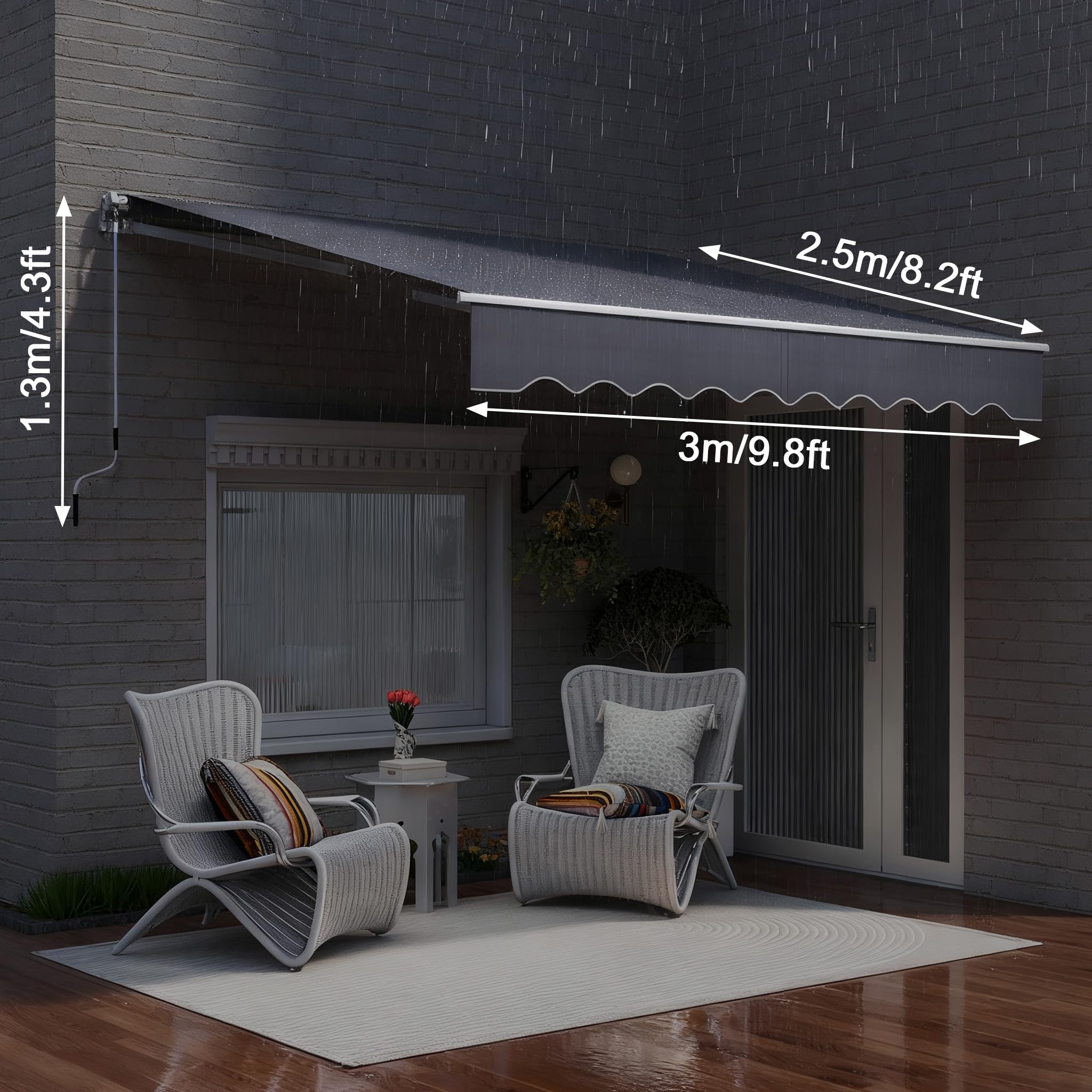 ACXIN Aluminiowa markiza 3 m x 2,5 m, ochrona przed słońcem, osłona ramienia przegubowego, markiza kasetowa, markiza balkonowa z korbą ręczną, wodoszczelna, ciemnoszara