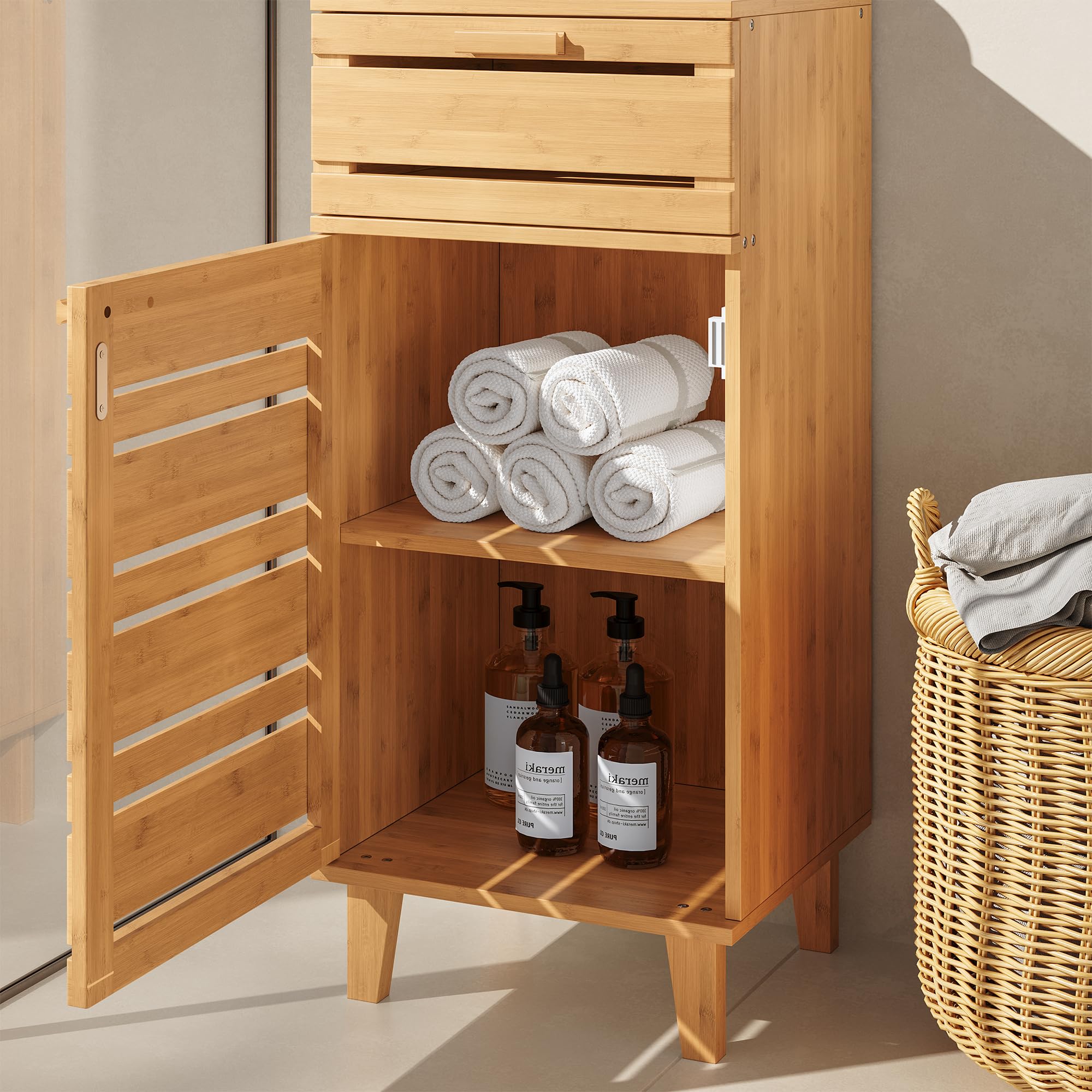[en.casa] Aparador para Baño Epind Mueble Auxilar de Baño con 1 Puerta y 1 Cajón Armario Bajo 75 x 33 x 30 cm Bambú - Natural
