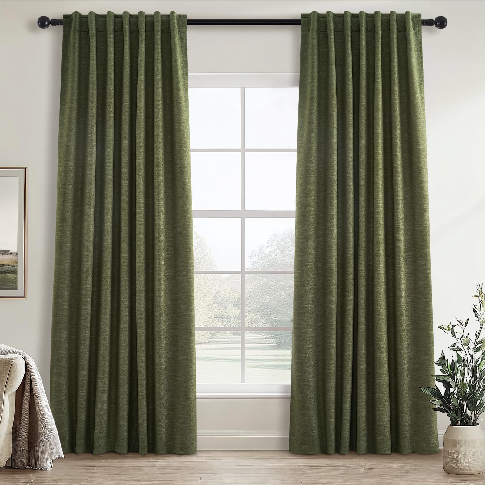 Topfinel Olive Green Linen Blackout Curtains 84 Inch Long for Living Room,Pinch Pleated Drape with Hooks Back Tab Boho Decor, Olive Forest Loden Full