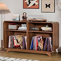 Boweniog Walnut Record Player Stand: Vinyl Storage for 350+ Albums, Charging Station USB Ports, 42.5-inch Curved Cabinet for Living Room