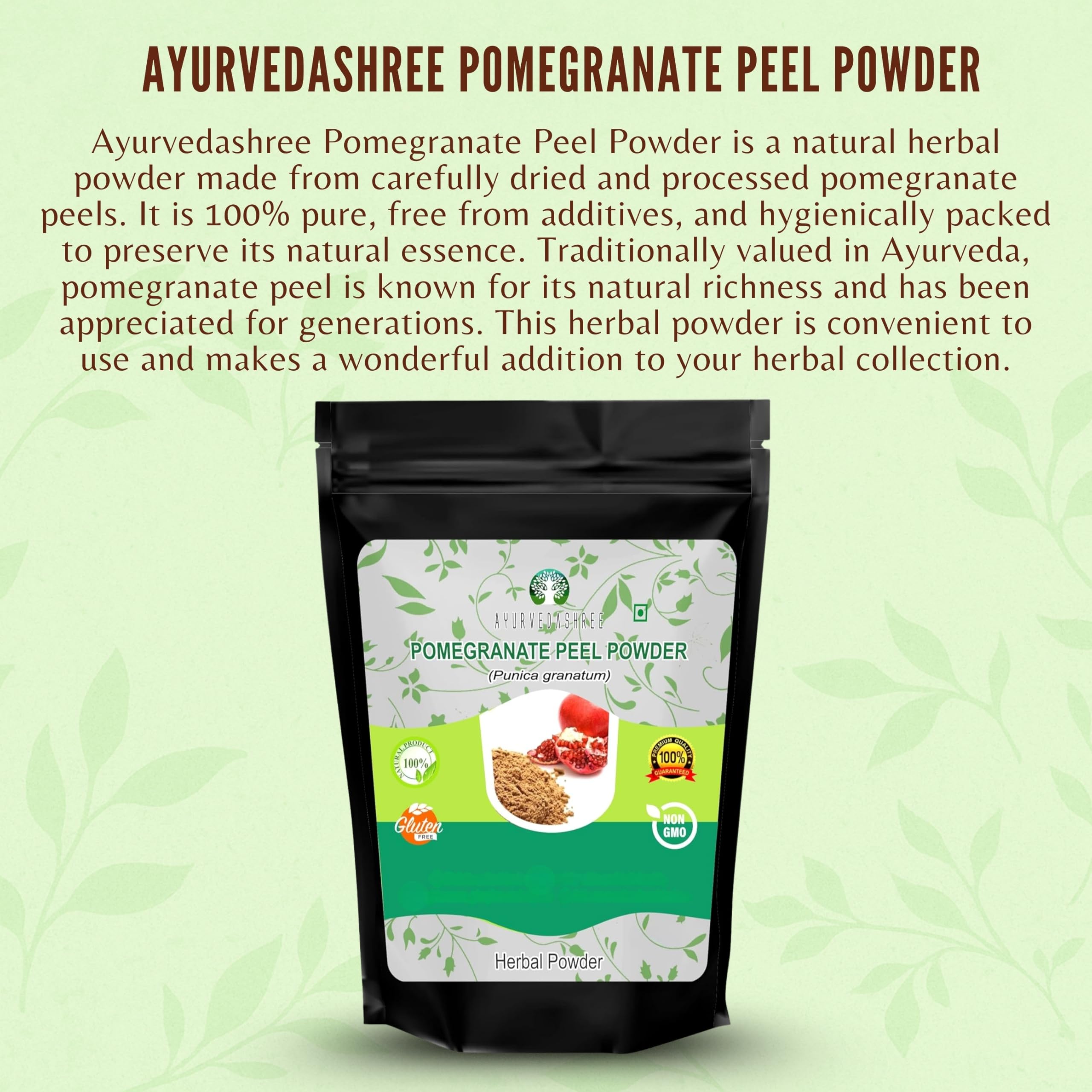 Ayurvedashree Granatapfelschalenpulver, 50 g, Antioxidans für die Haut, fördert eine junge Haut, natürliches Punica Granatum, glutenfrei und GVO-frei, Hautpflege, 50 g (1 Stück)