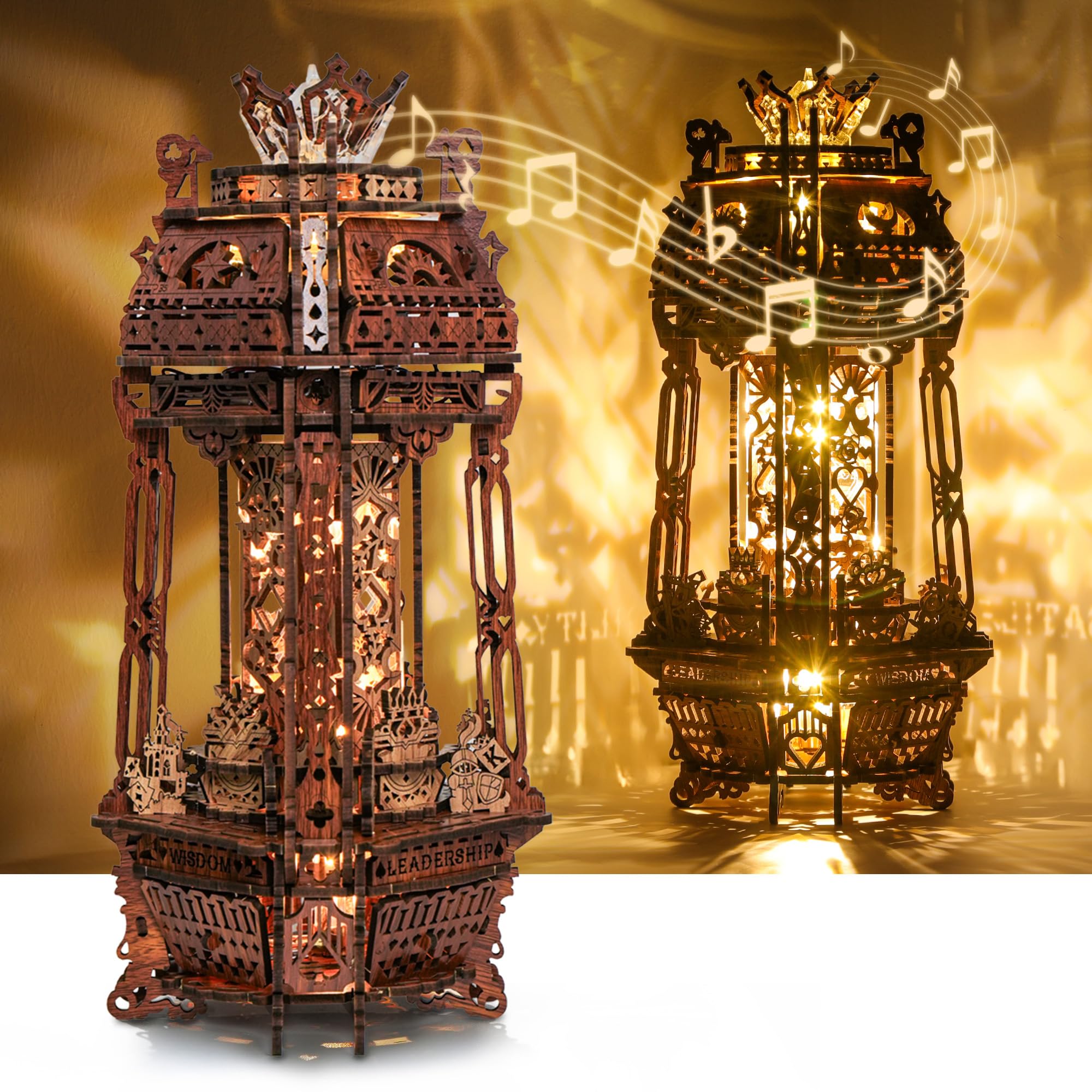 FUNPOLA LED 3D Wood Puzzle Poker World Projector Lamp, DIY Craft Kit with LED Lights and Music Box, Creative Poker-Themed