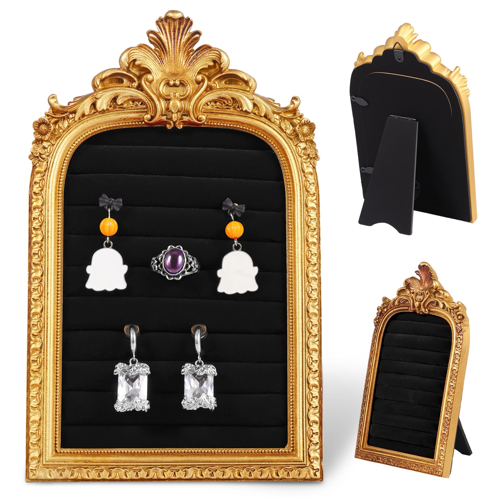 Cbwerbb Women's Black Vintage Ring Holder,Resin & Velvet Ring Display Jewelry Box Gold Picture Frame Jewelry Display Stand For Anniversary Engagement Photograph Prop For Wedding Holiday Present(Black)