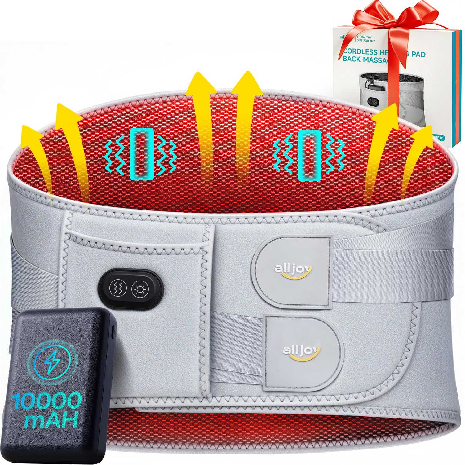 ALLJOY Coussin chauffant sans fil de 170 cm pour soulager les douleurs dorsales, masseur de bas du dos 10 000 mAh avec 3 chaleurs et 3 vibrations, coussin chauffant portable pour crampes, cadeau