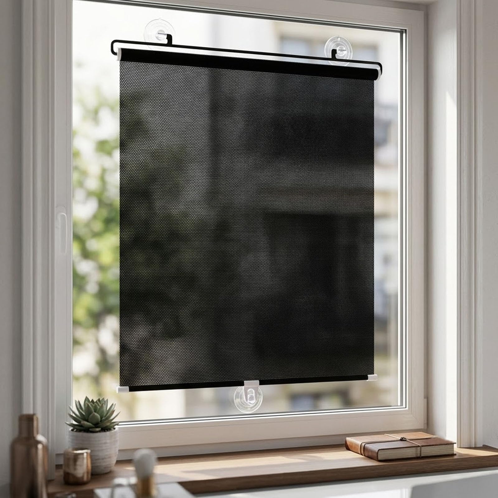 Tende Oscurante a Rullo con Ventose Senza Fori, Parasole da Interno Termico per Finestra, Balcone, Ufficio e Auto, Tapparella Portatile, Nera, Protezione UV(23"Wx64"H)