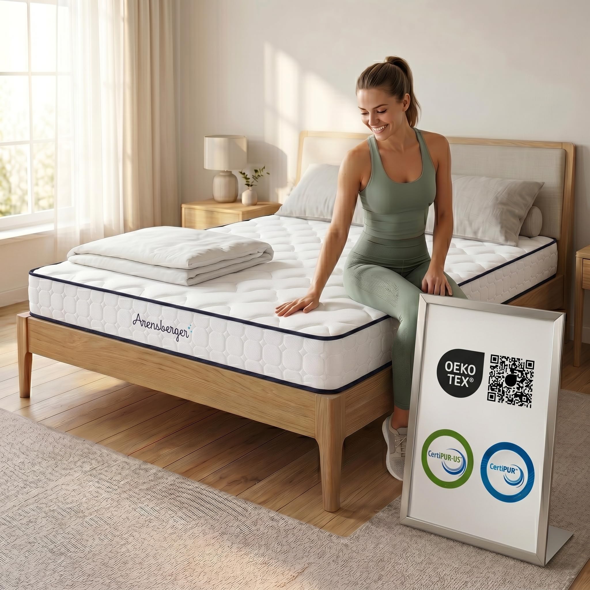 Arensberger Lena Matratze 90x200 cm – Rollmatratze mit Memory-Schaum-Schicht und HR-Taschenfederkern (H3) | 21 cm Höhe