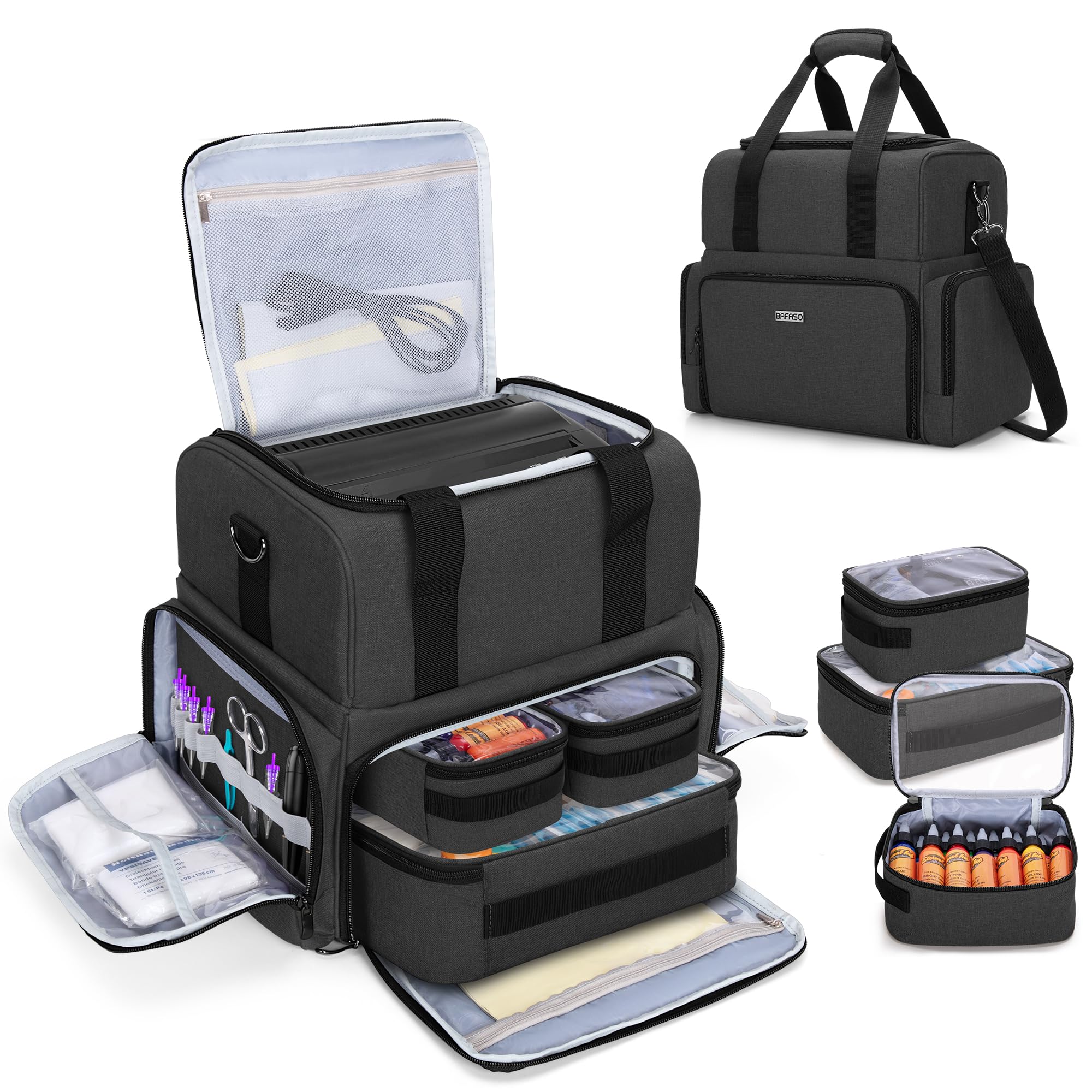 BAFASO Large Tattoo Case with 3 Inner Removable Pouches, Tattoo Travel Case for Large Tattoo Stencil Printer and Tattoo Supplies (Bag Only), Black, BS03201(W)