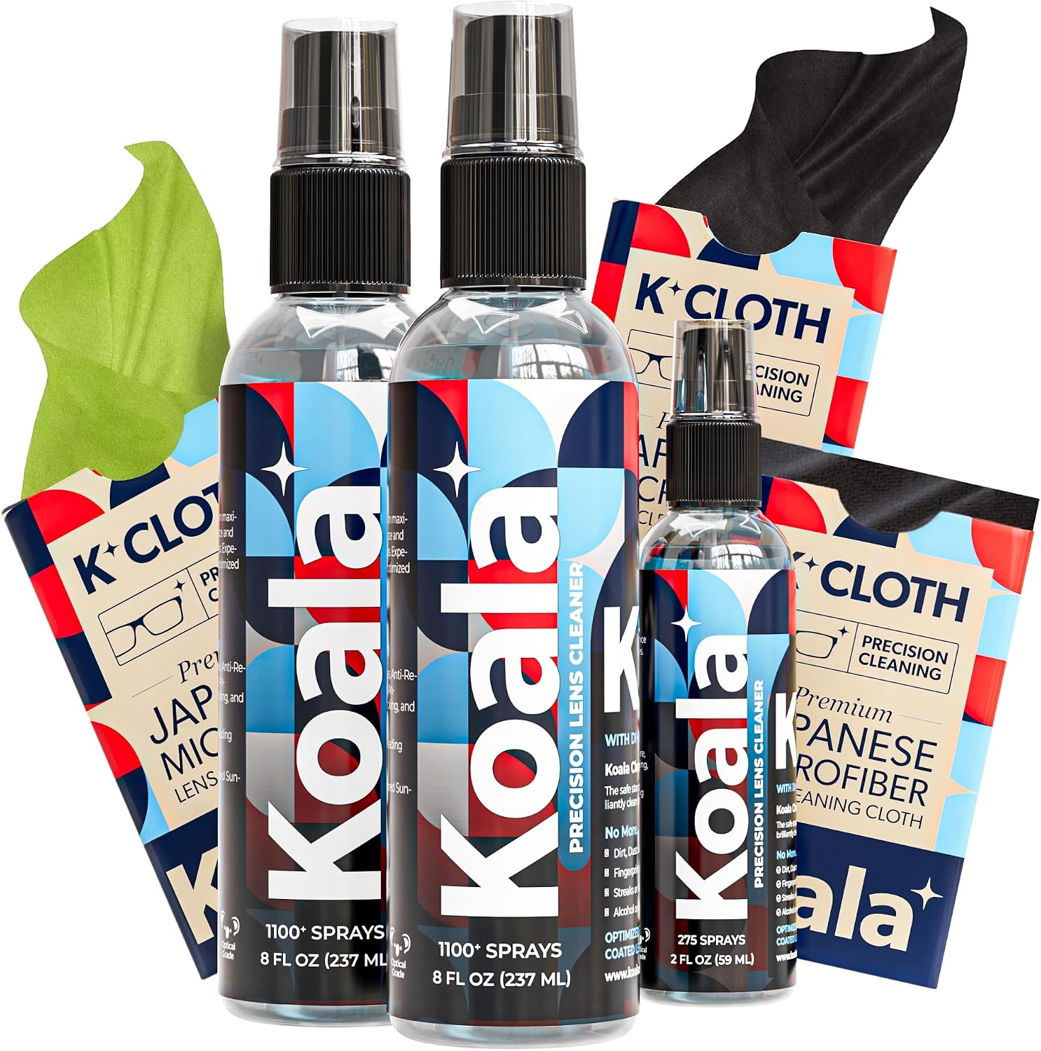 Koala Eyeglass Lens Cleaner Spray Kit | 2x 8oz  1x 2oz Glasses Cleaner Bottle  3x Microfiber Cloth | Alcohol Free Eyeglasses, Screen, and Camera Cleaning Kit 6 Piece Set