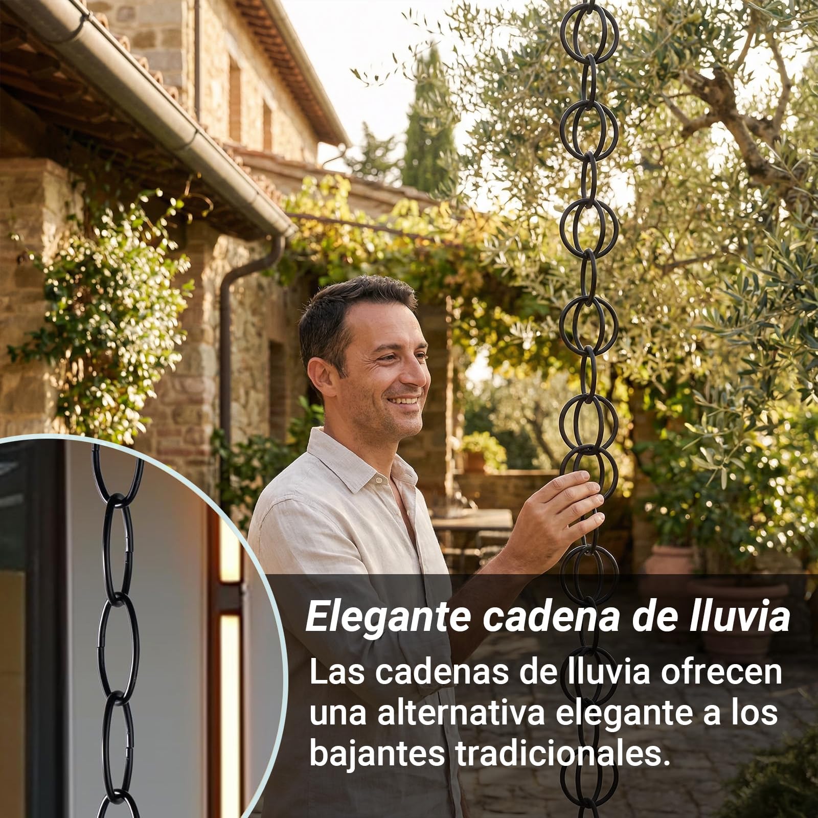 Colector de Lluvia Metálico con Cadena Guía, Función Decorativa y de Drenaje para Balcón y Patio, Reemplazo para Bajantes de Techo 6m(19.7ft)