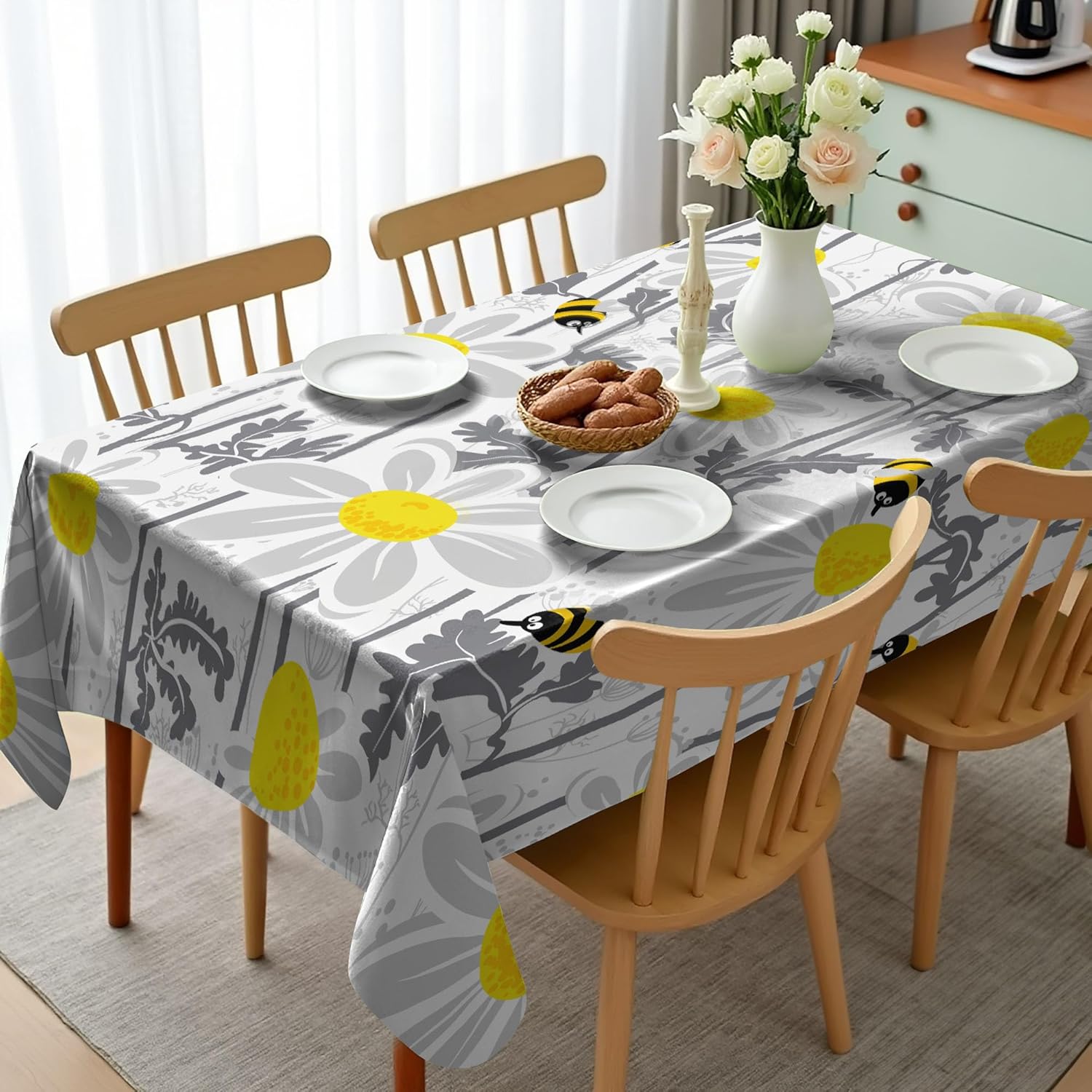 Ambesonne Grey Tablecloth, Daisy Flowers with Bees in The Spring Time Honey Petals Nature Purity Blooming Garden, Rectangular Table Cover for Dining Room Kitchen Decor, 60" X 90", White and Yellow