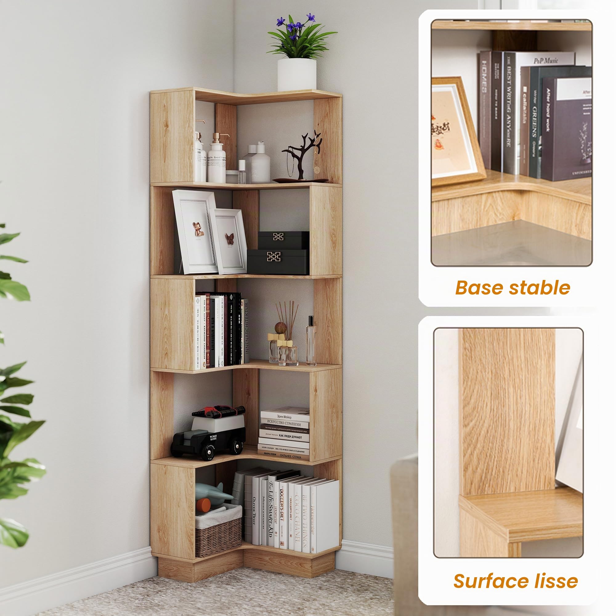 Nisorpa Bibliothèque d'angle à 5 niveaux sur pied, étagère d'angle haute en bois, vitrine pour salon, chambre à coucher, bureau