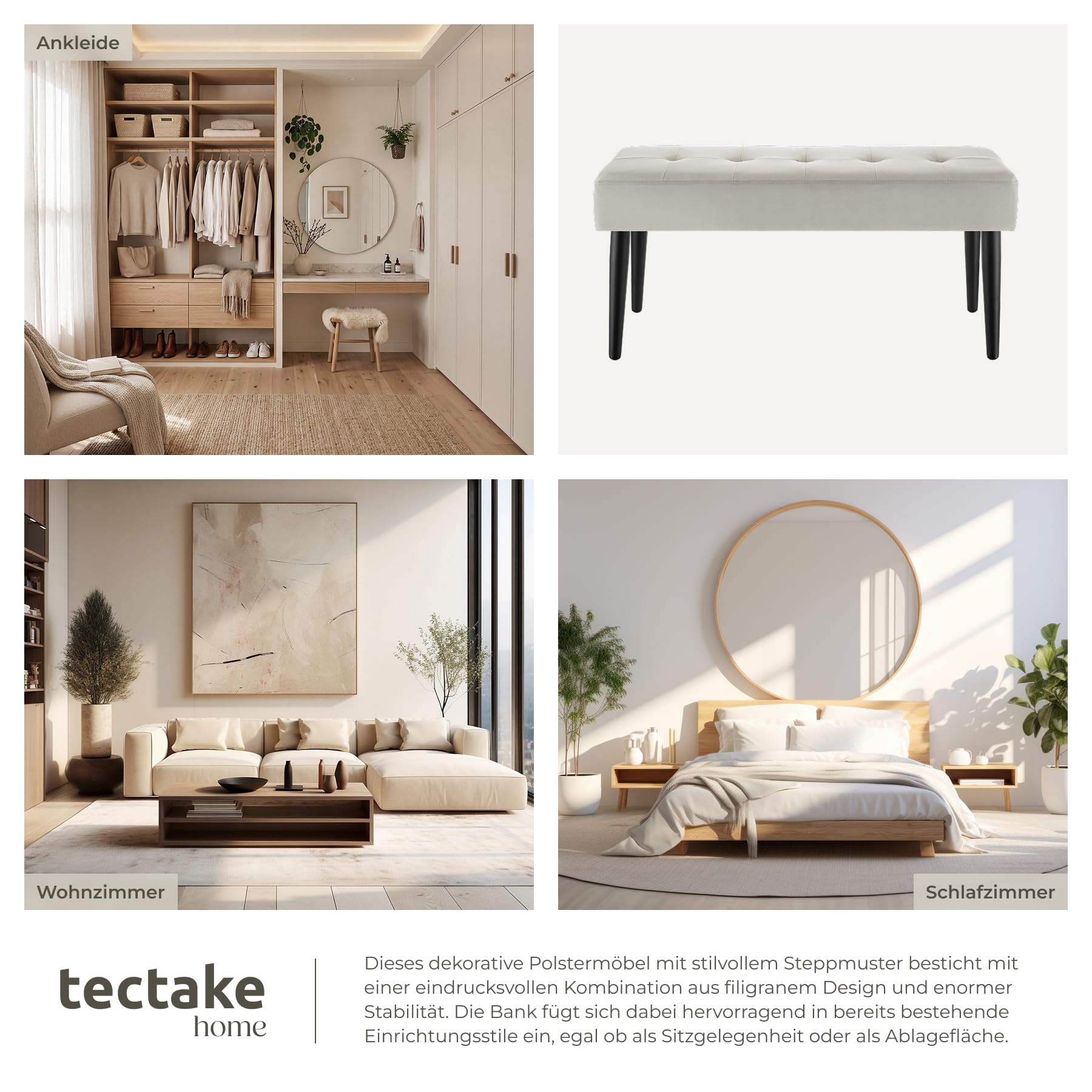 TecTake® Sitzbank, 95 x 38 x 45 cm, edles Steppmuster, belastbar bis 220 kg, gepolstert, bodenschonende Kappen, pflegeleicht, Polsterbank, Bank, Sitzgelegenheit, Flurmöbel - Samtoptik Taupe