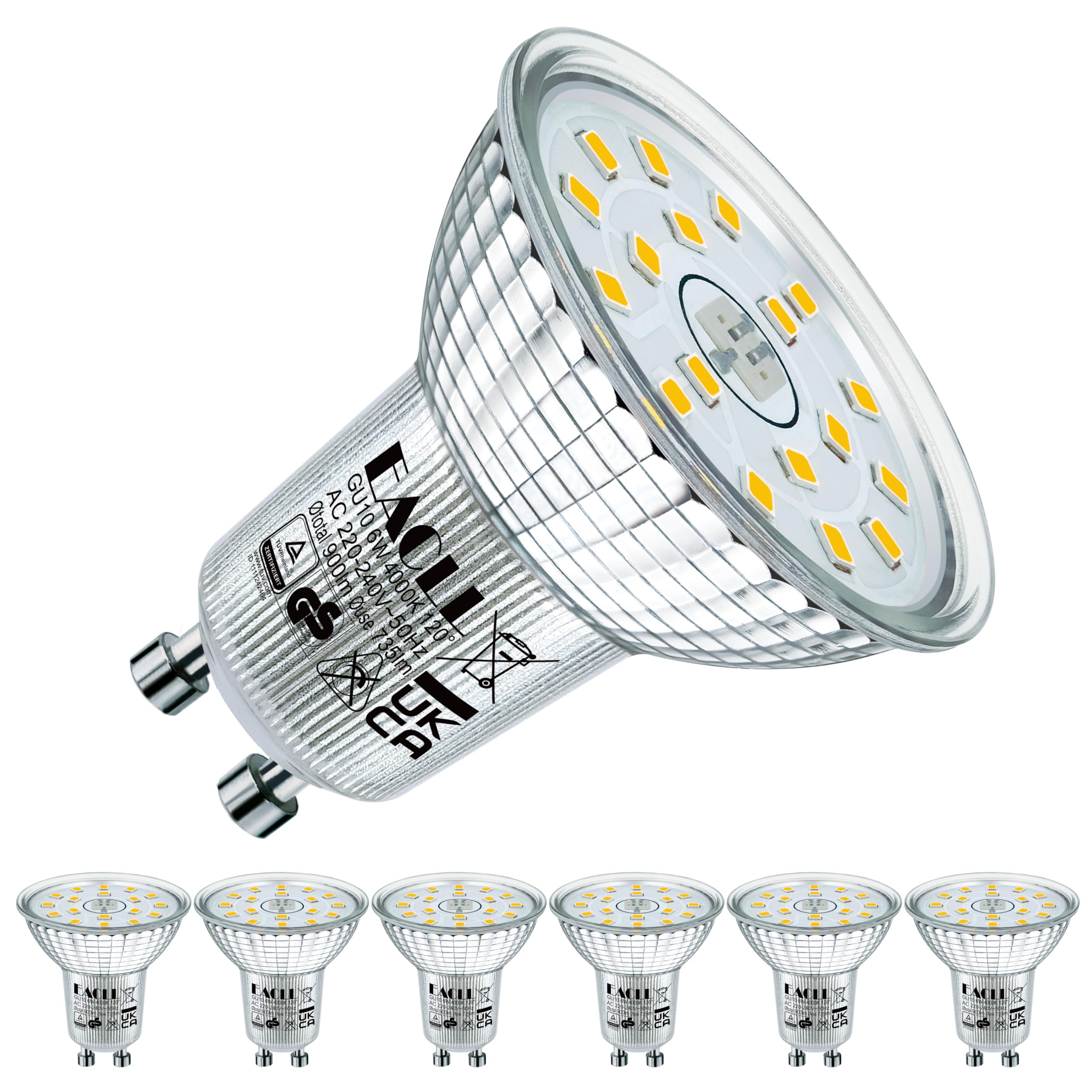 EACLL GU10 LED Lampen, 4/6/10er-Pack, 2700K 3000K 4000K 6000K 6W Ersetzt Halogen Leuchtmittel, Flimmerfrei, Abstrahlwinkel 120°, Nicht Dimmbar Reflektorlampen