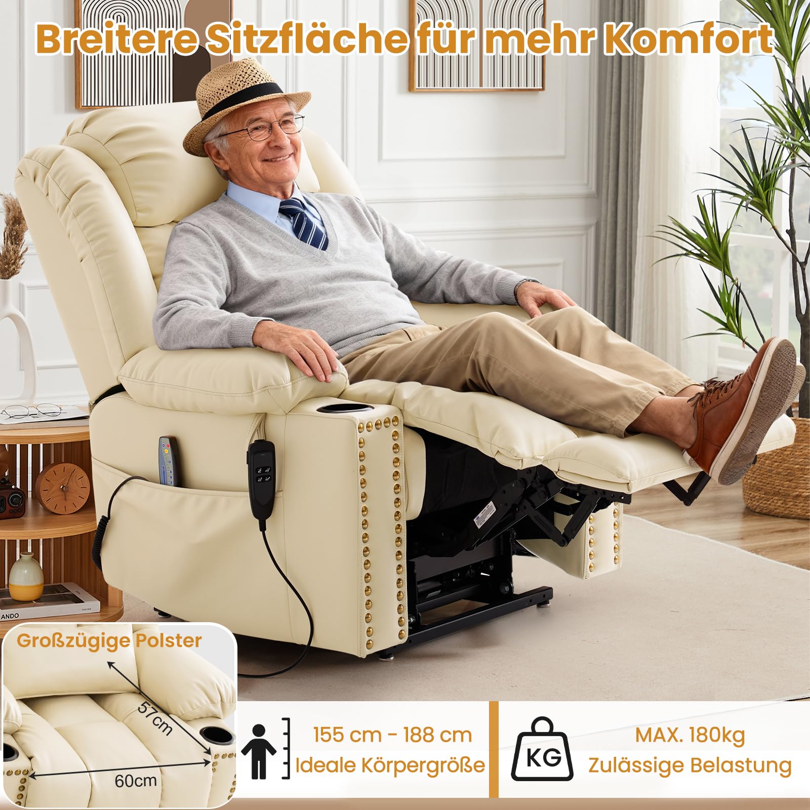 DUANDUAN 2 Motoren Relaxsessel Elektrisch mit Liegefunktion, Massagesessel Fernsehsessel mit Aufstehhilfe, 180° Verstellbar, Beige