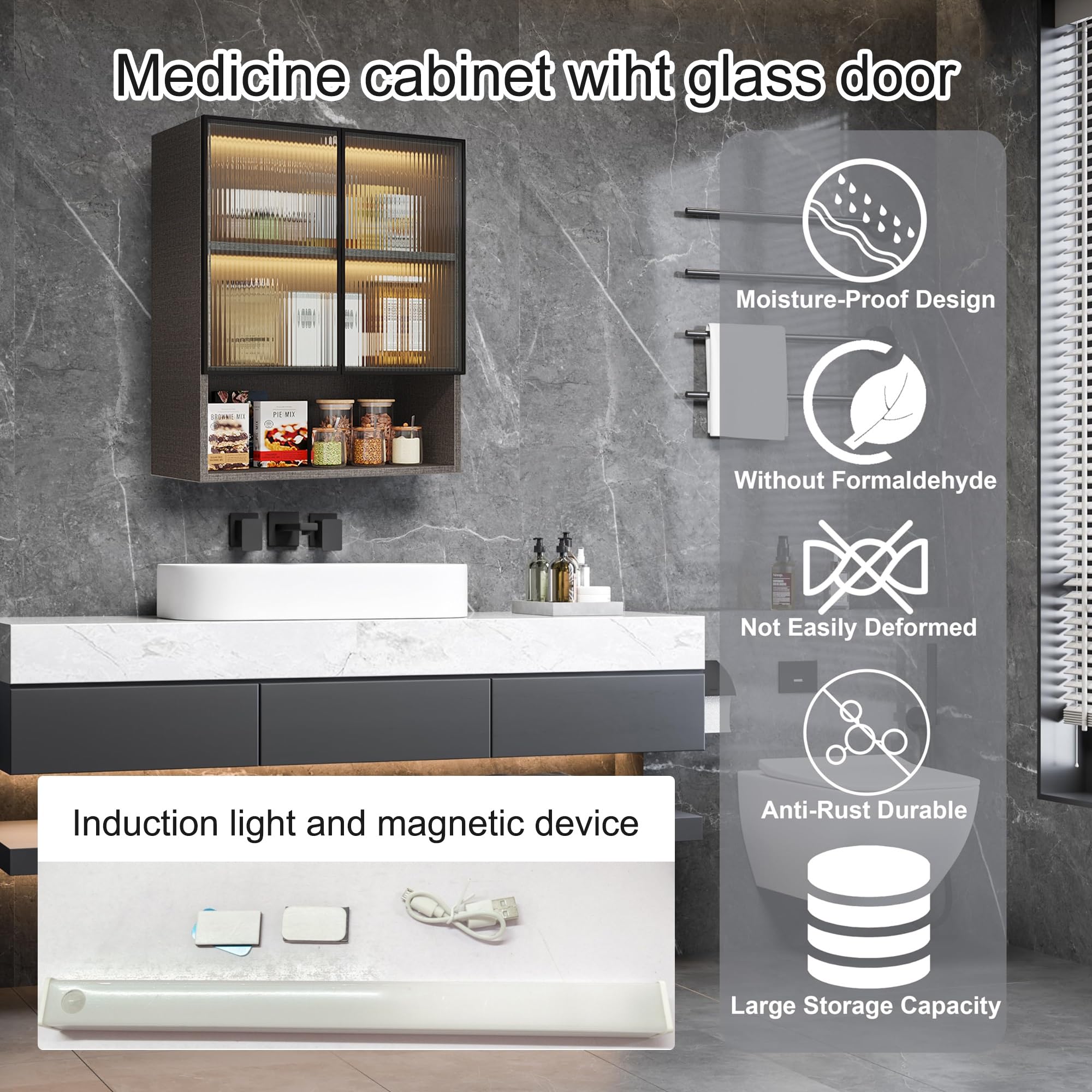 Armadietto da parete con luce LED e ante scorrevoli, salvaspazio, per bagno sopra il WC, per dormitori e cucine Colle