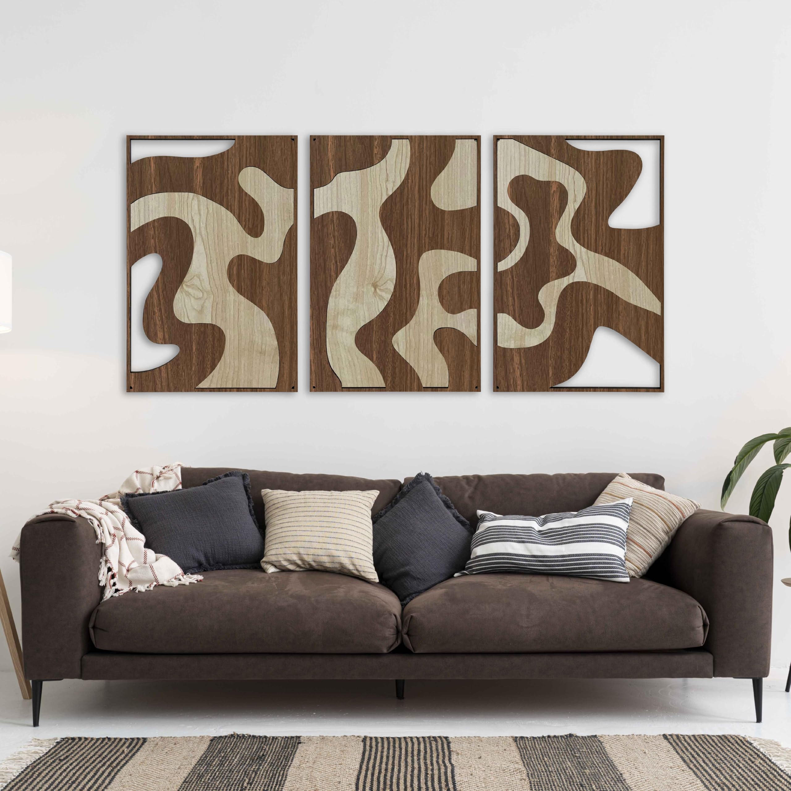 Wandkunst, neutral, strukturiertes Holz, abstrakt, organisch, groß, Wanddekoration, moderne Erdtöne, Designer-Akzente, Geschenk für Wohnzimmer und Schlafzimmer, 3 Stück