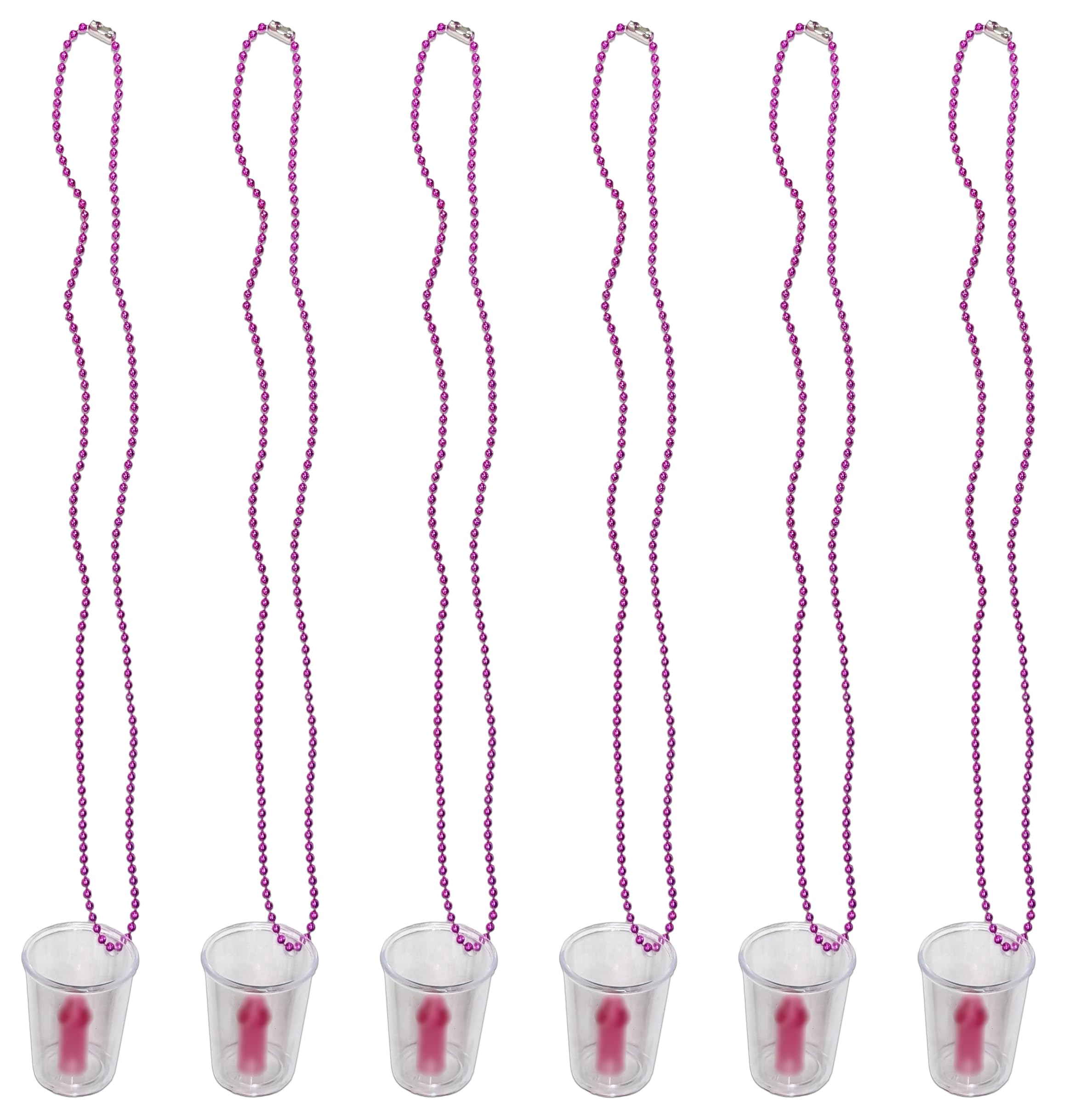 12 x Hen Party Shot Glasses Necklace – Hen Do Accessories for Bride & Friends – Pink Beaded Necklaces with Clear Shot Glass – Fun for Parties & Girls Nights – Pack of Shot Glasses for Hen Parties