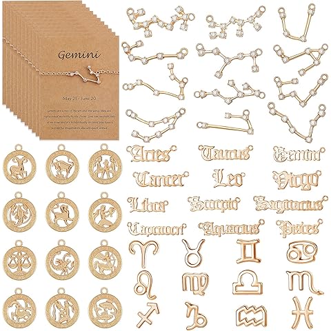 48 Pieces Zodiac Charms For Jewelry Making, 4 Styles Diamond Alphabet Alloy Zodiac Pendants 12 Charms Horoscope Sign Necklace with 24 Cards